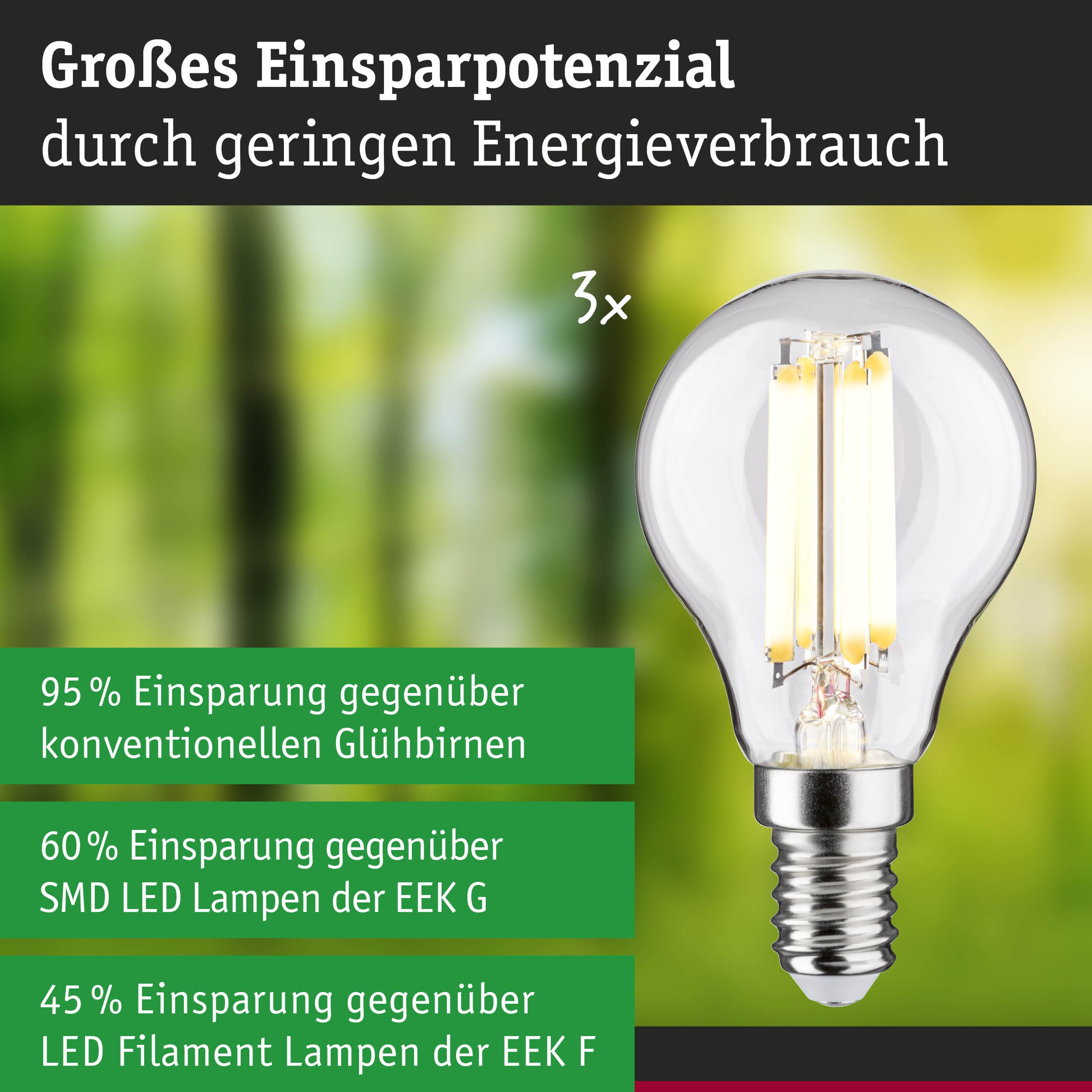 Paulmann LED-Leuchtmittel »Efficient-Line Filament 230V LEDTropfen E14 3 St.525lm 2,5W 3000K Klar« E14 3 Stk. Warmweiß