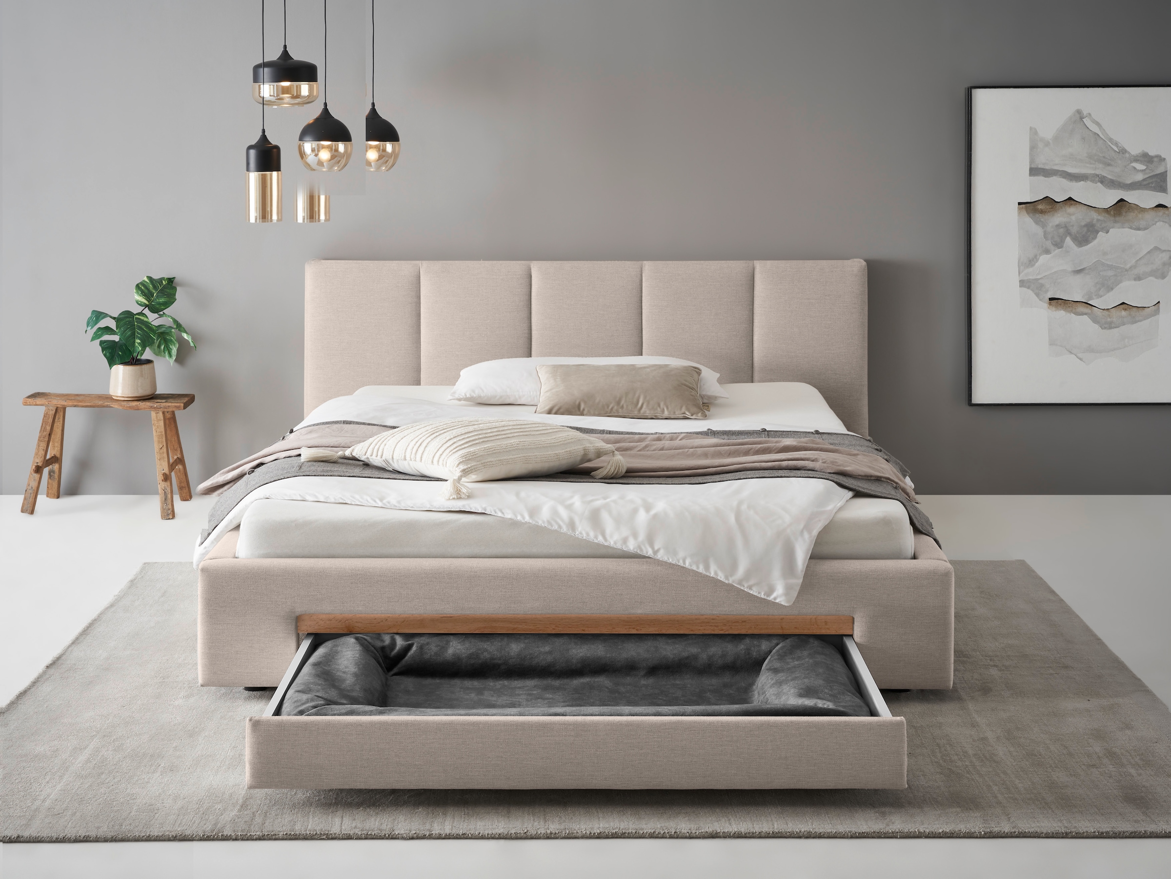INOSIGN Polsterbett »CiTY/GiRON, Bettgestell mit Bettkasten, gepolstertes Stauraumbett«, mit Hundebett oder Stauraumschublade, Bezug Cord-oder Leinenoptik