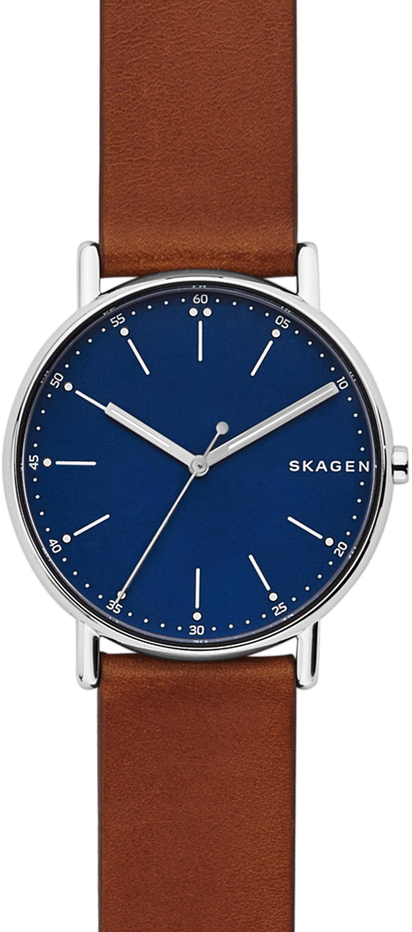 Skagen Quarzuhr »SIGNATUR«, Armbanduhr, Herrenuhr, Damenuhr, Leuchtzeiger, Lederarmband