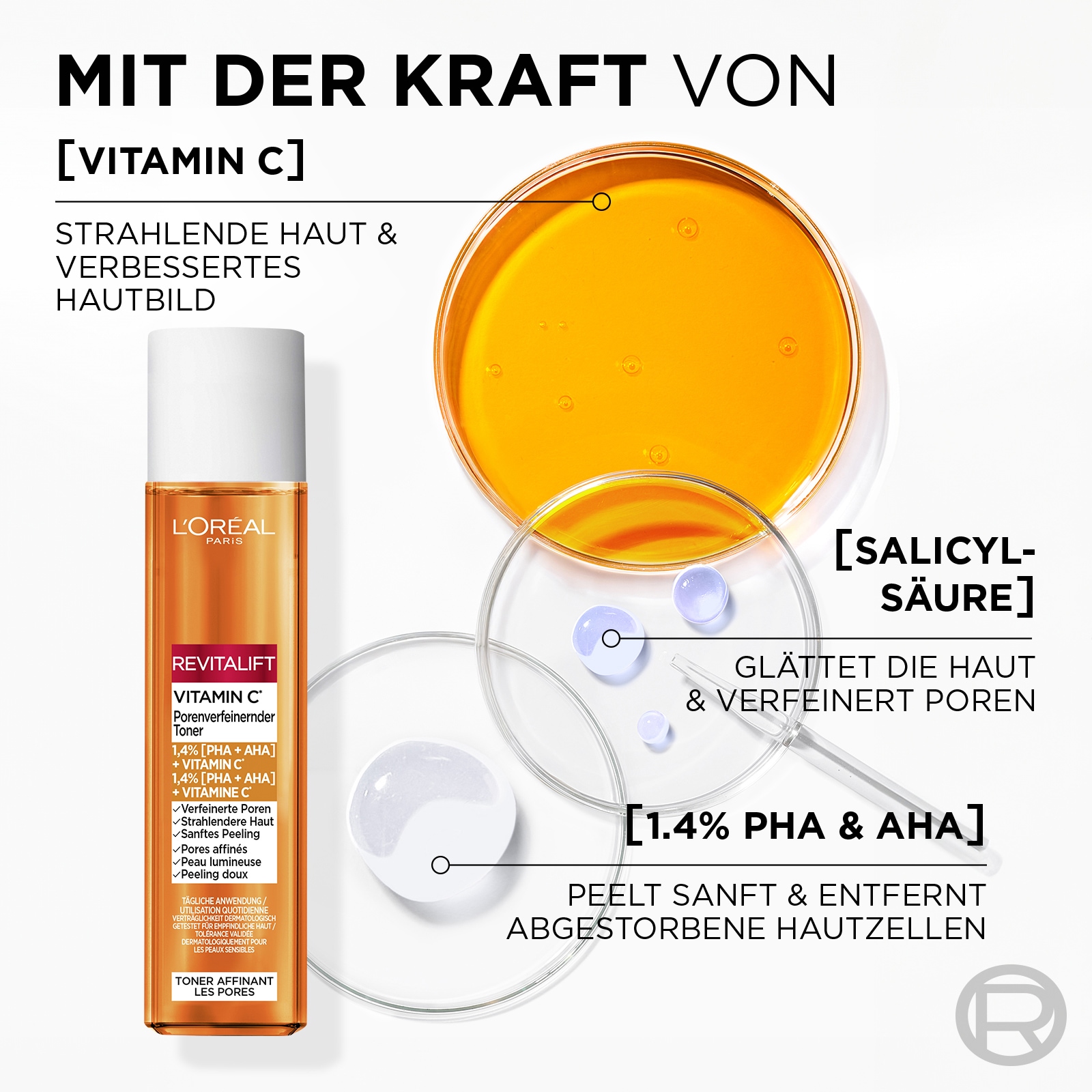 L'ORÉAL PARIS Gesichtsfluid »L'Oréal Paris Vitamin C Porenverfeinernder Toner«, 1.4% PHA & AHA sorgen für sanftes Peeling, auch für empfindliche Haut.
