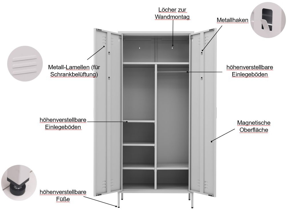 INOSIGN Drehtürenschrank »Kleiderschrank Schrank Metallschrank Mehrzweckschrank Siena Spind« in 4 Farben aus Metall,  in der Höhe verstellbar, abschließbar