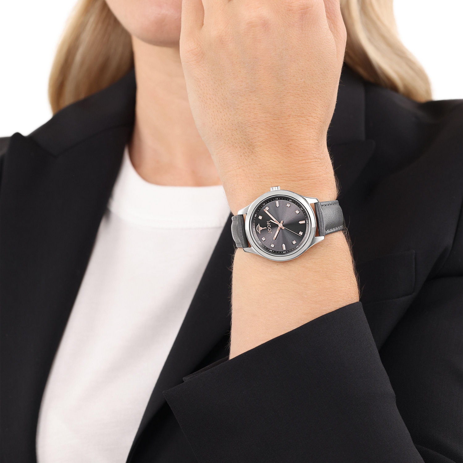 JOOP! Quarzuhr Armbanduhr, Damenuhr, Lederarmband, analog, Kristallsteine