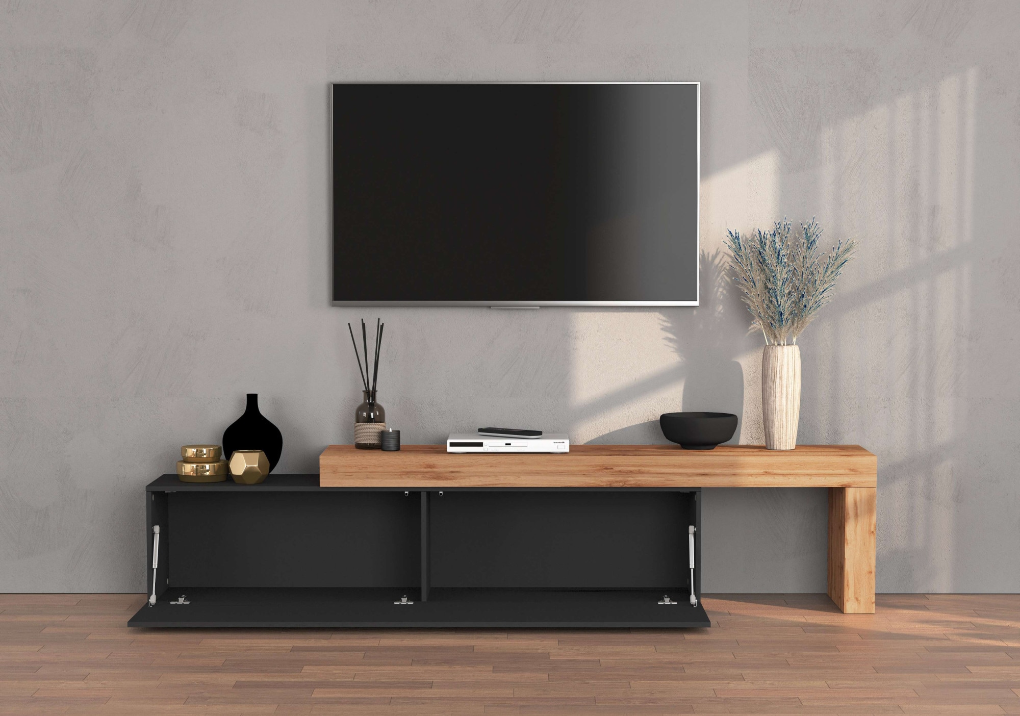 INOSIGN Lowboard »Chronos TV-Board, TV-Schrank«, (1 St., Breite verstellbar von 190 bis 350 cm), Breite 270 cm TV-Board,Lowboard,1 Klappe und ein L-Förmiger Aufsatz