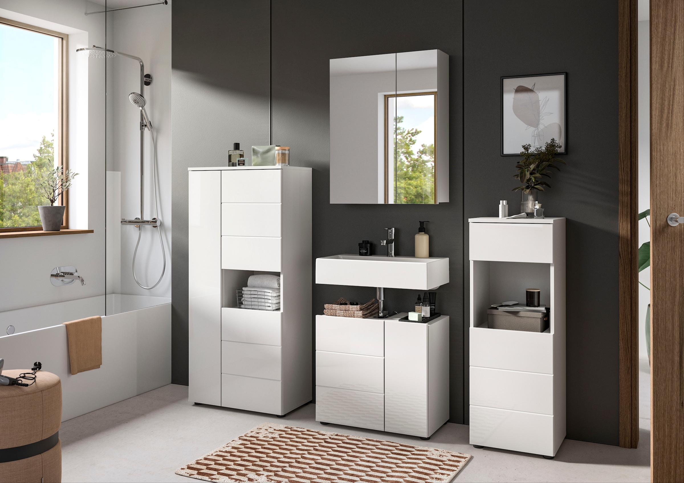 welltime Midischrank »Biel, Höhe 133 cm, 3 Türen, 1 offenes Fach« 1 Stk. tlg. Türanschlag wechselbar, modernes Design, Badschrank, Unterschrank, Bad