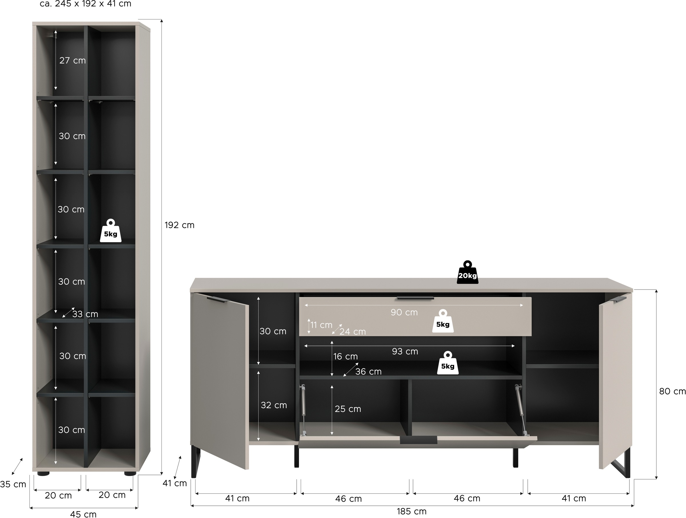 Home affaire Wohnwand »ADIO, Breite 245 cm, 2-teiliges Set, mit Metall-Kufenfüße« Set, bestehend aus: Standregal und Sideboard, 2 Stk. tlg.