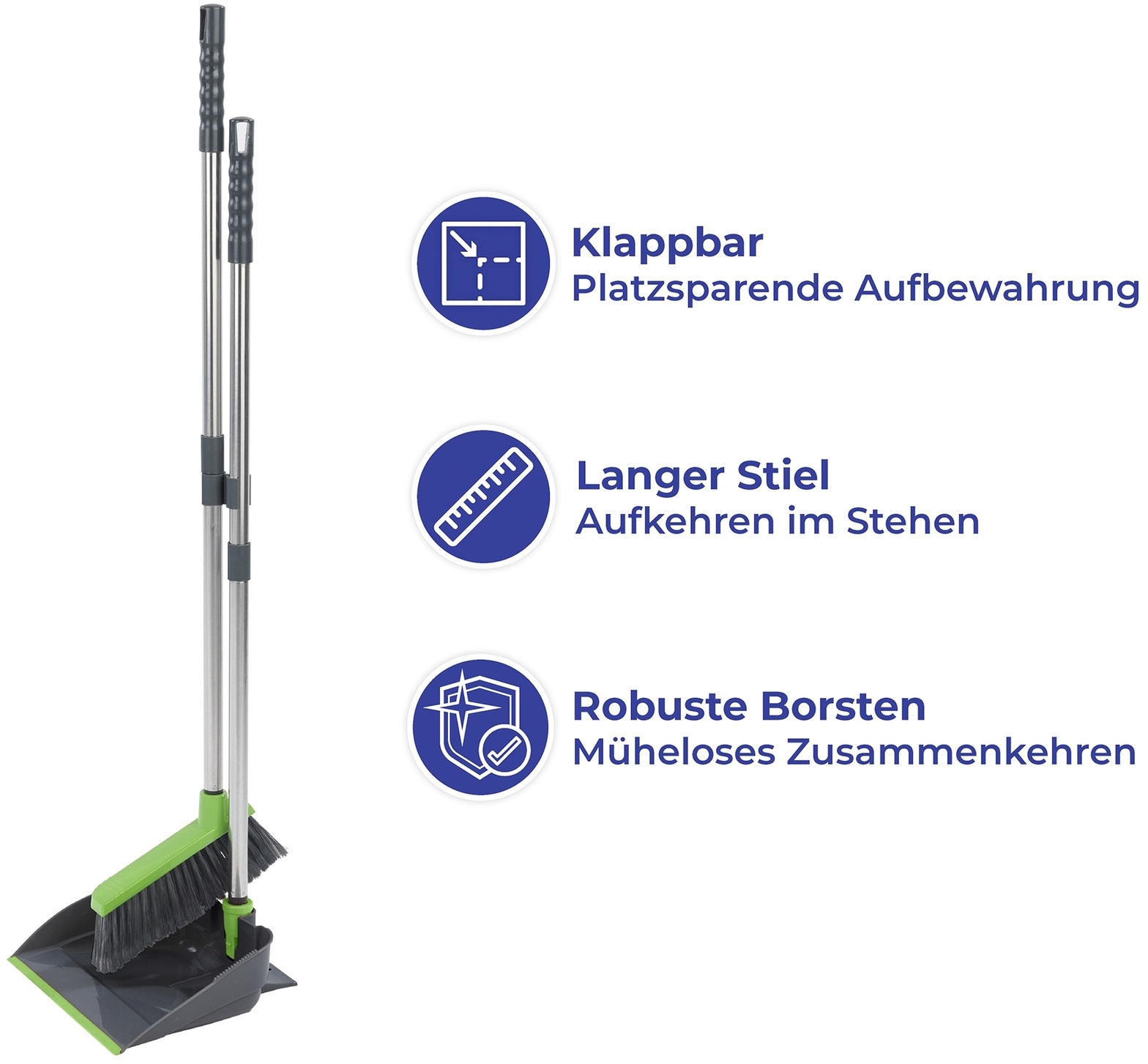 Maximex Kehrgarnitur, Komplett-Set, 2 St., aus Edelstahl, klappbares Handfeger Set mit langem Teleskop-Stiel, rückenschonend