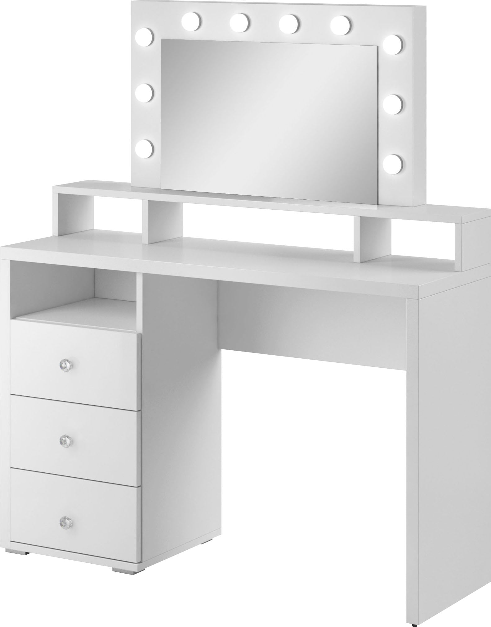 Home affaire Schminktisch "Diva Frisiertisch Hollywood Theater 120x136x40cm" 3 Schubladen mit Hochglanzfront, Kosmetiktisch Spiegel mit LED Beleuchtung Griffe Kristalloptik