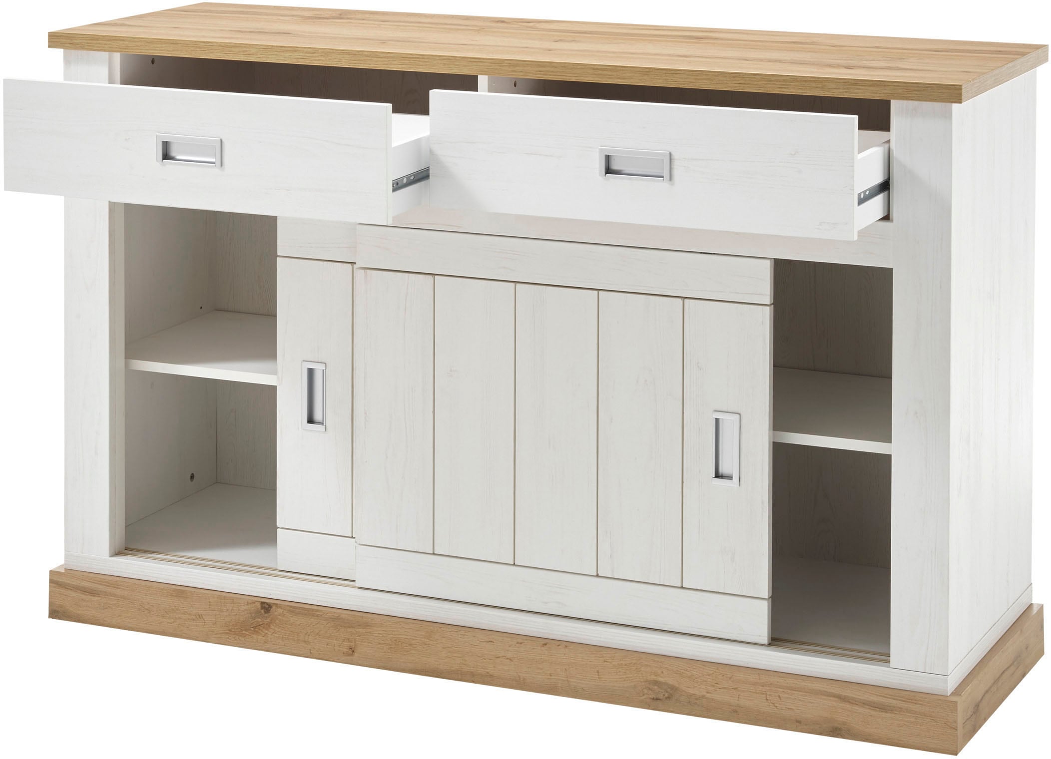 Home affaire Sideboard »Orlando, moderner Schrank, Kommode im Landhausstil«, 2 Schiebetüren & 3 Schubladen, silberne Griffmulden, 150 cm breit