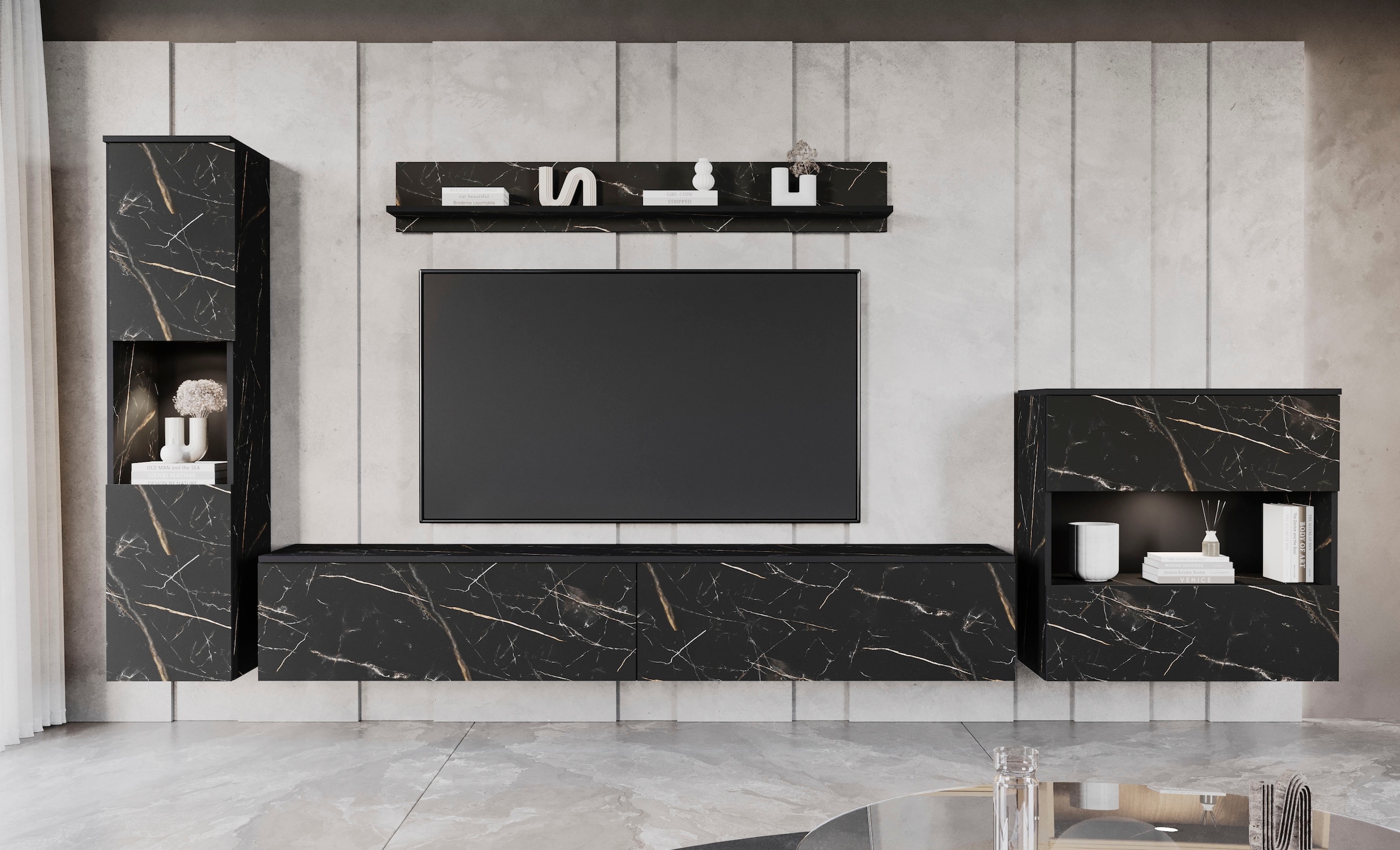 INOSIGN Wohnwand »PARIS, Vitrine Türanschlag links/rechts wechselbar«, (Komplett-Set, 4 St.), grifflose Design, stehend und hängend montierbar