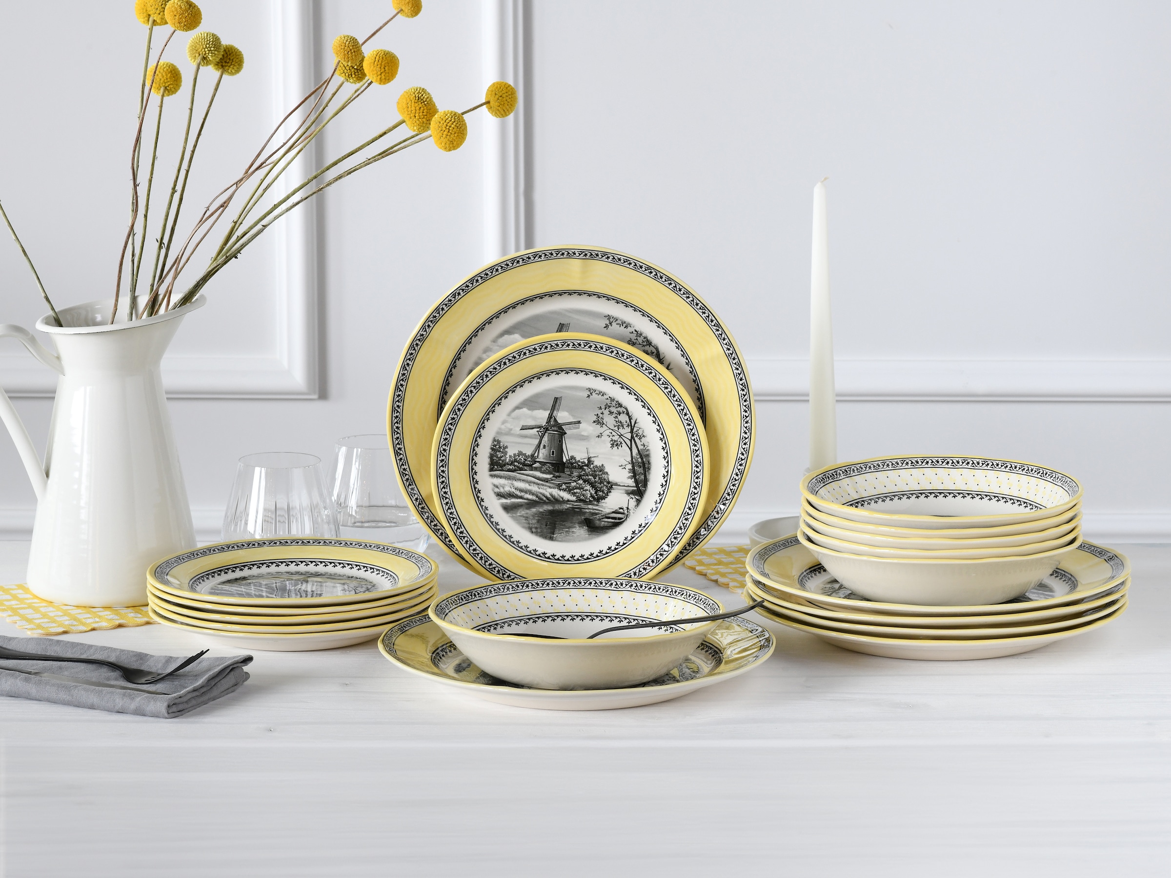CreaTable Teller-Set »Windmühle Gelb, Tellerset 18-tlg« Traditionell, Nostalgie