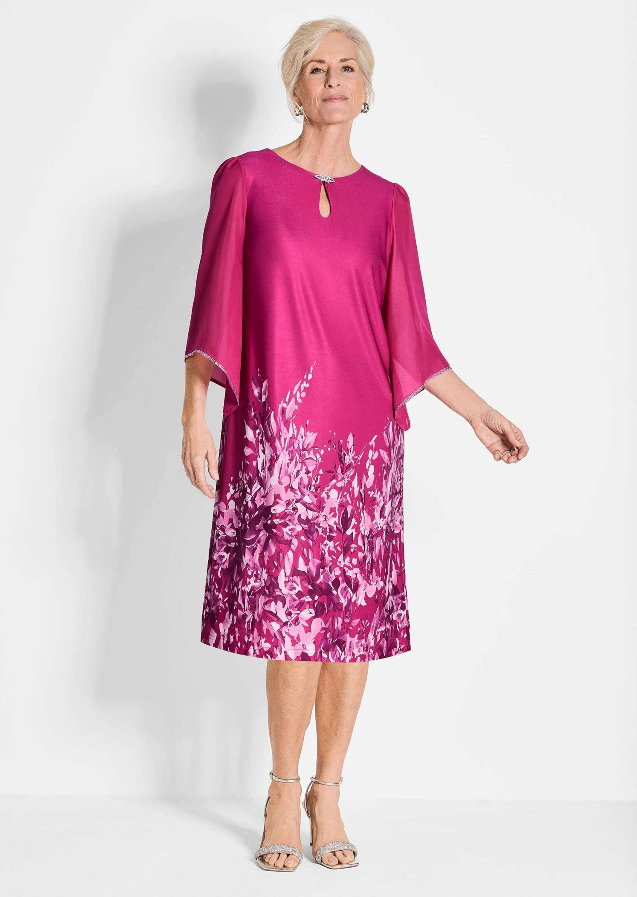 GOLDNER Sommerkleid »Kurzgröße Pinkes edles Chiffon-Kleid mit 3/4-Arm«