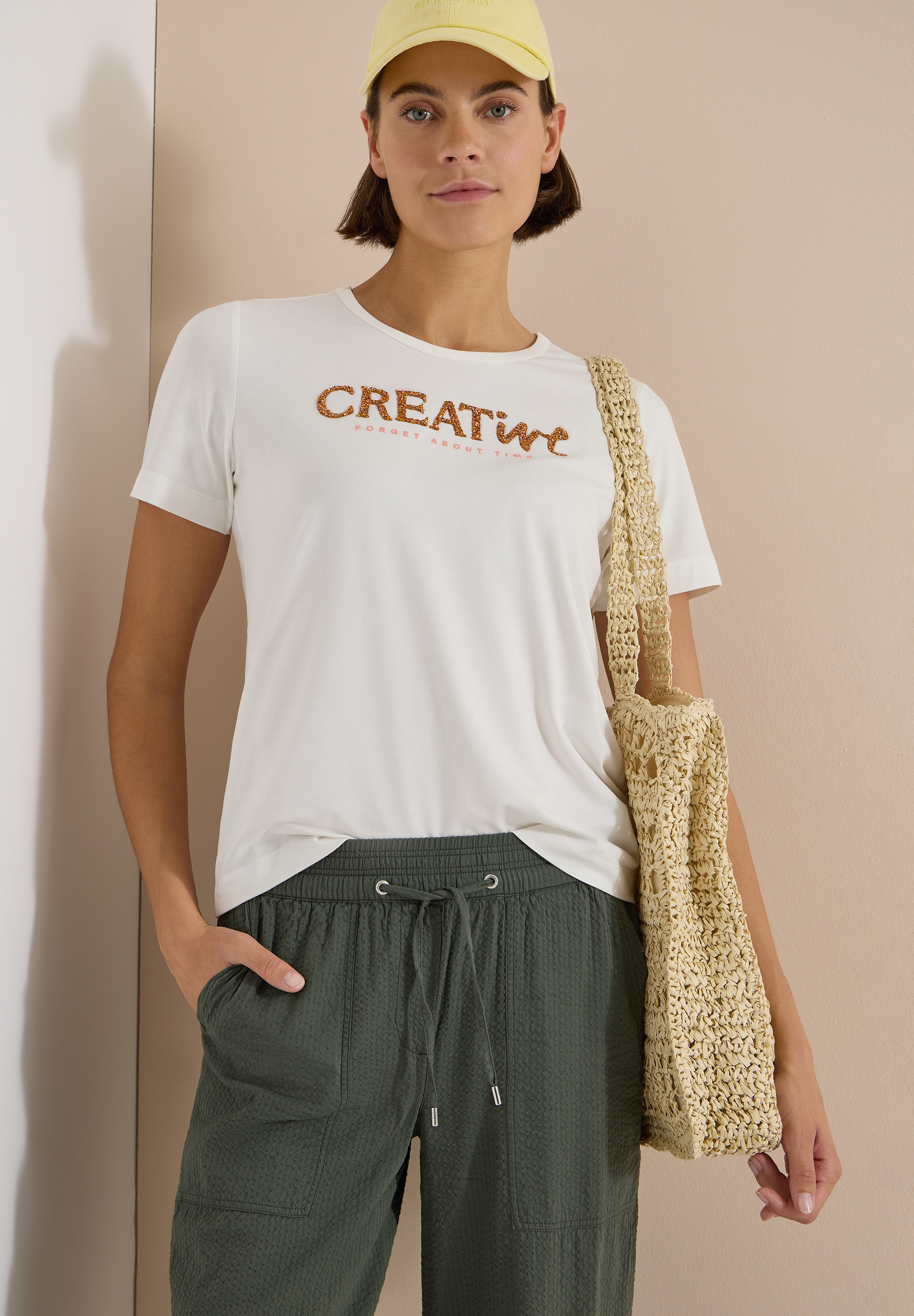 Cecil Print-Shirt Sommershirt mit Rundhals und Glitzer-Wording