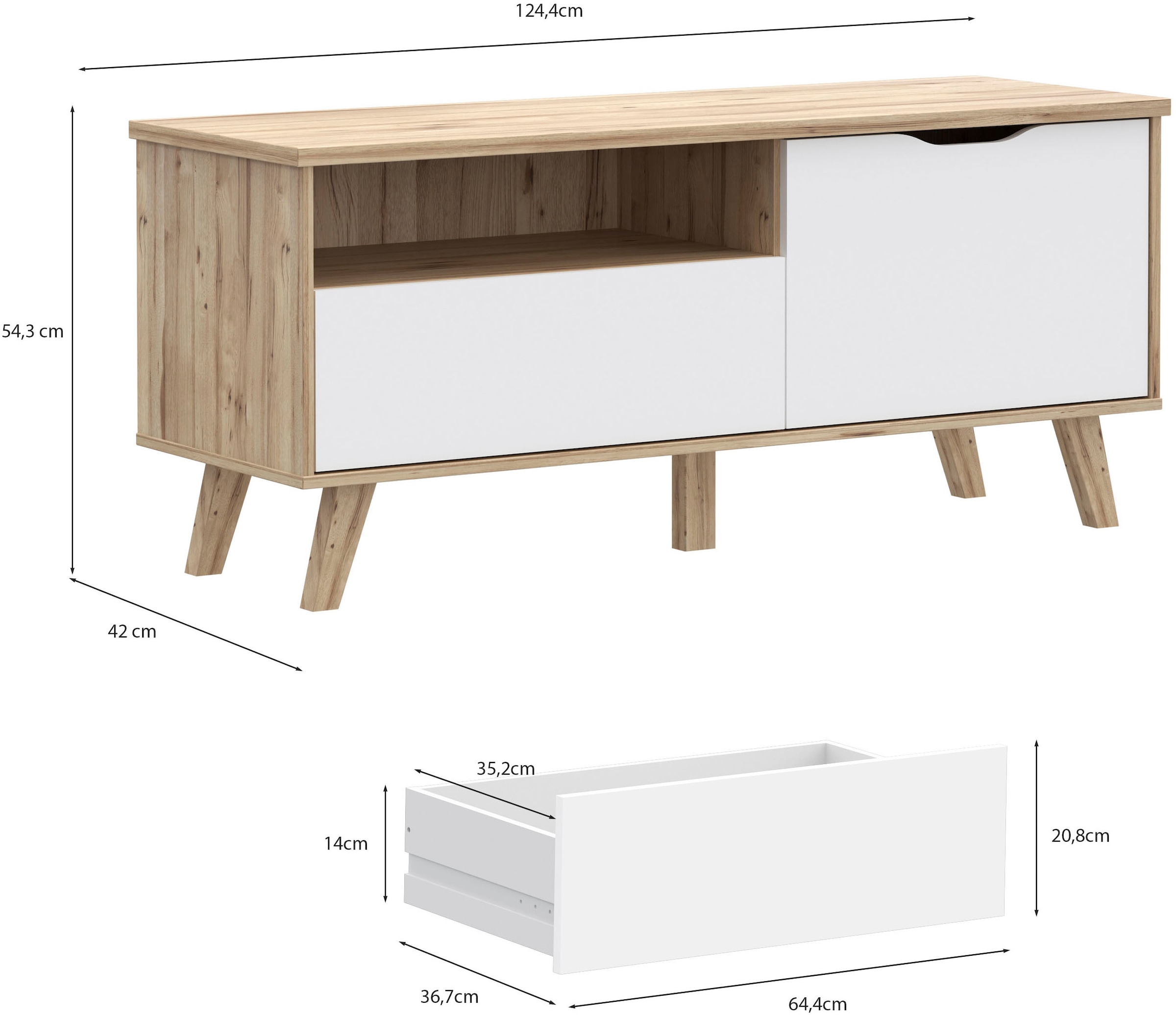 FORTE Lowboard »Vankka TV-Bank, TV-Board«, (B/H/T 124,4/54,3/41,7 cm), TV-Teil, ca. 125 cm breit, viel Stauraum, Echtholzbeine