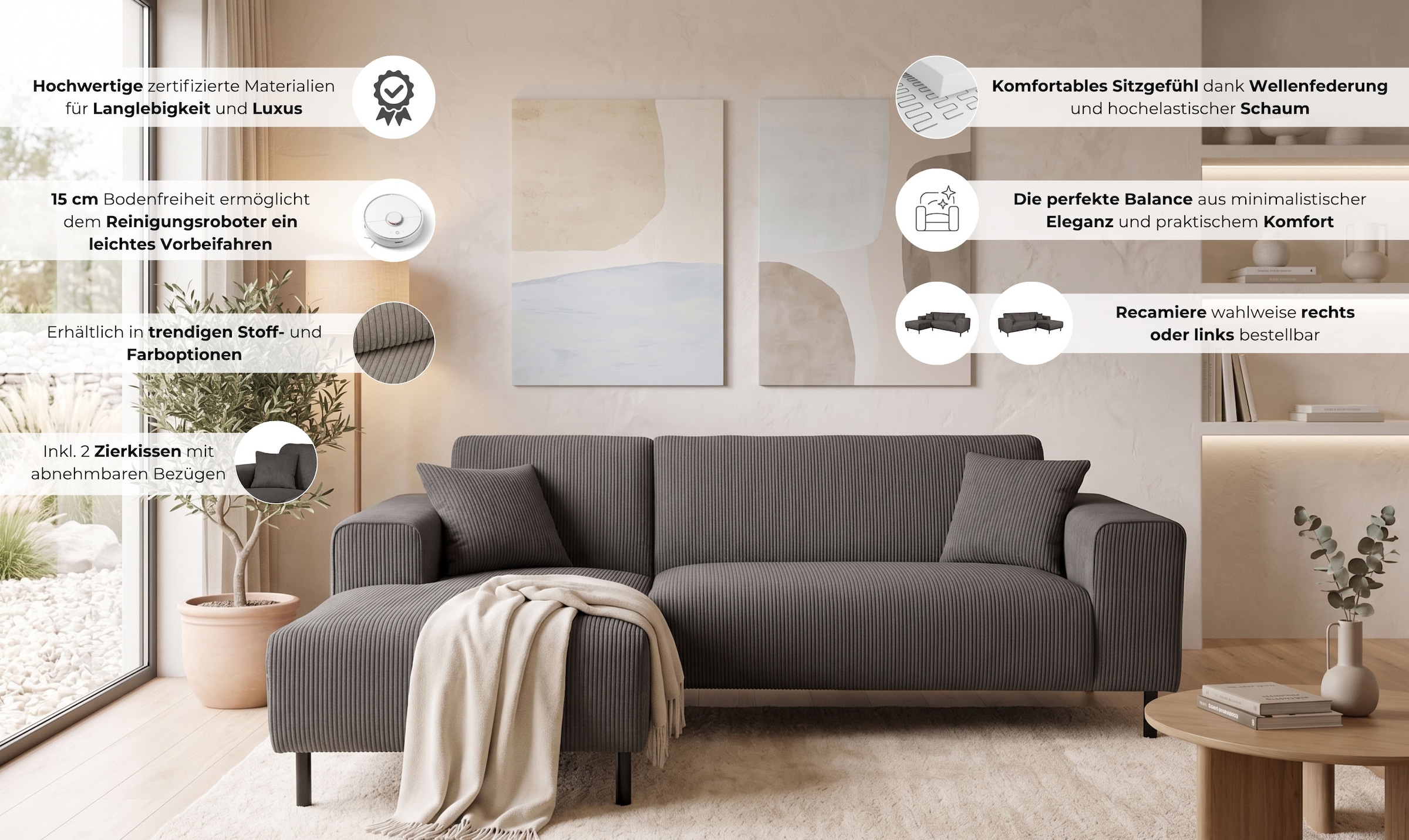 OTTO home Ecksofa »ARROS L-Form mit Wellenunterfederung, Maße B/T/H: 235/163/81 cm« incl. Zierkissen, mit Recamiere rechts/links bestellbar, auch in Cord