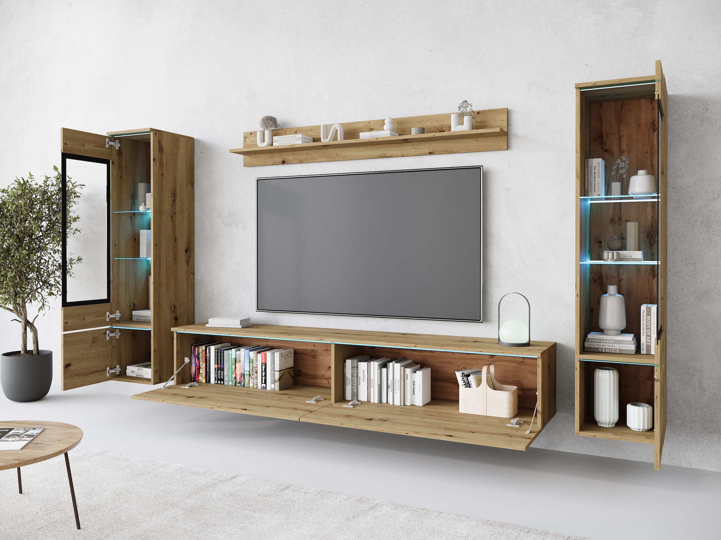 INOSIGN Wohnwand »VERA II, Vitrinen Türanschlag wechselbar«, (Komplett-Set, 4 St.), Mediawand 260 cm, Vitrine mit Verglasung, stehend und hängend