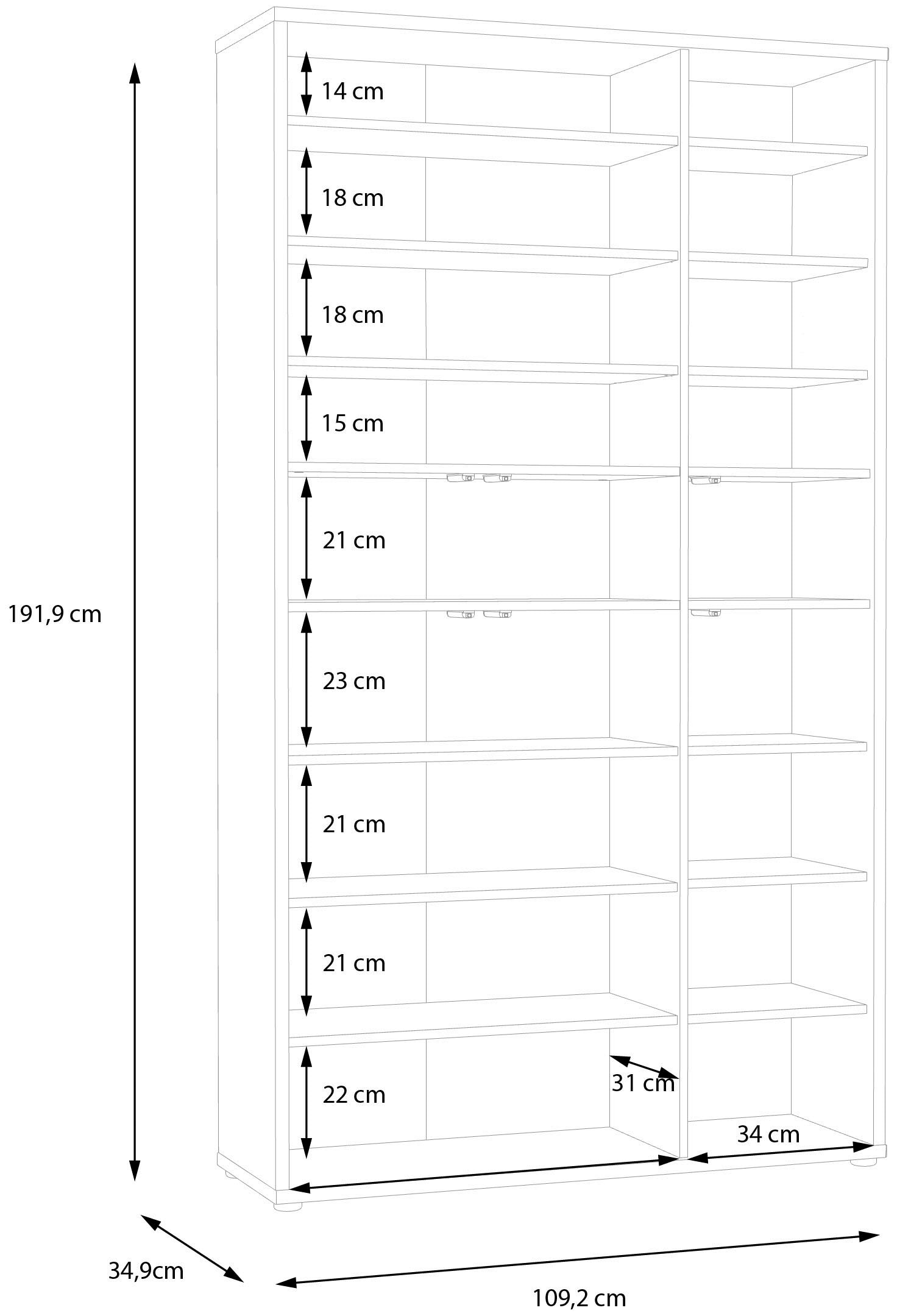 FORTE Schuhschrank »Alice Springs«, (B/H/T 109,2/191,9/34,9 cm), Stauraumschrank, Mehrzweckschrank, (B/H 109cm x 192cm), mit 16 Böden