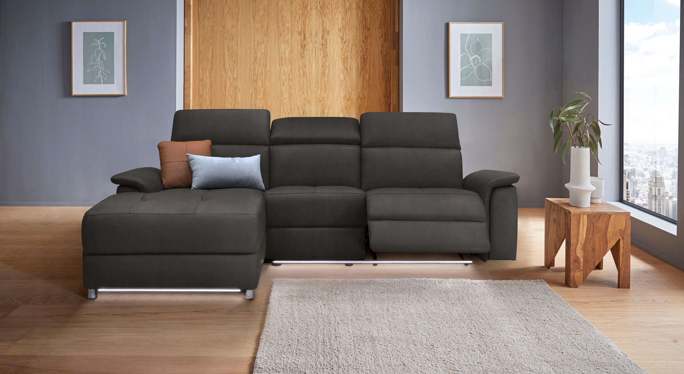 Places of Style Ecksofa »Pareli, L-Form, 259cm,m. Recamiere, Echtleder, Kunstleder, Webstoff«, man. o. elektr. Relaxfunktion, USB/Kopfteilverstellg u. LED