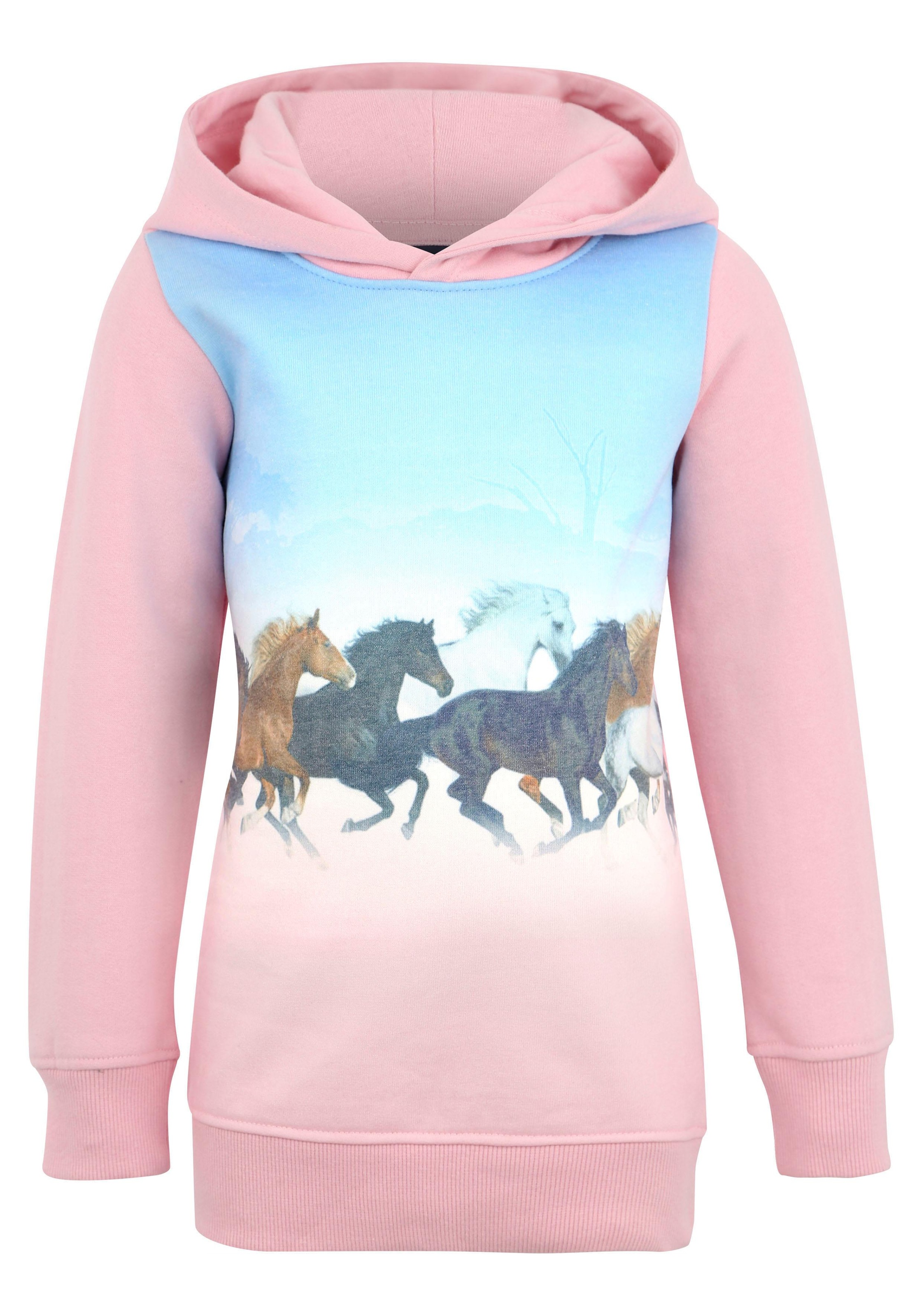KIDSWORLD Longsweatshirt »für kleine Mädchen«, Langarm, bedruckt, mit Kapuze, aus angerauter Sweatware