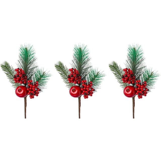Creativ green Winterliche Kunstpflanze »Weihnachtsdeko«, Zweig benadelt,  dekoriert mit Apfel und Beeren, 3er-Set bequem kaufen