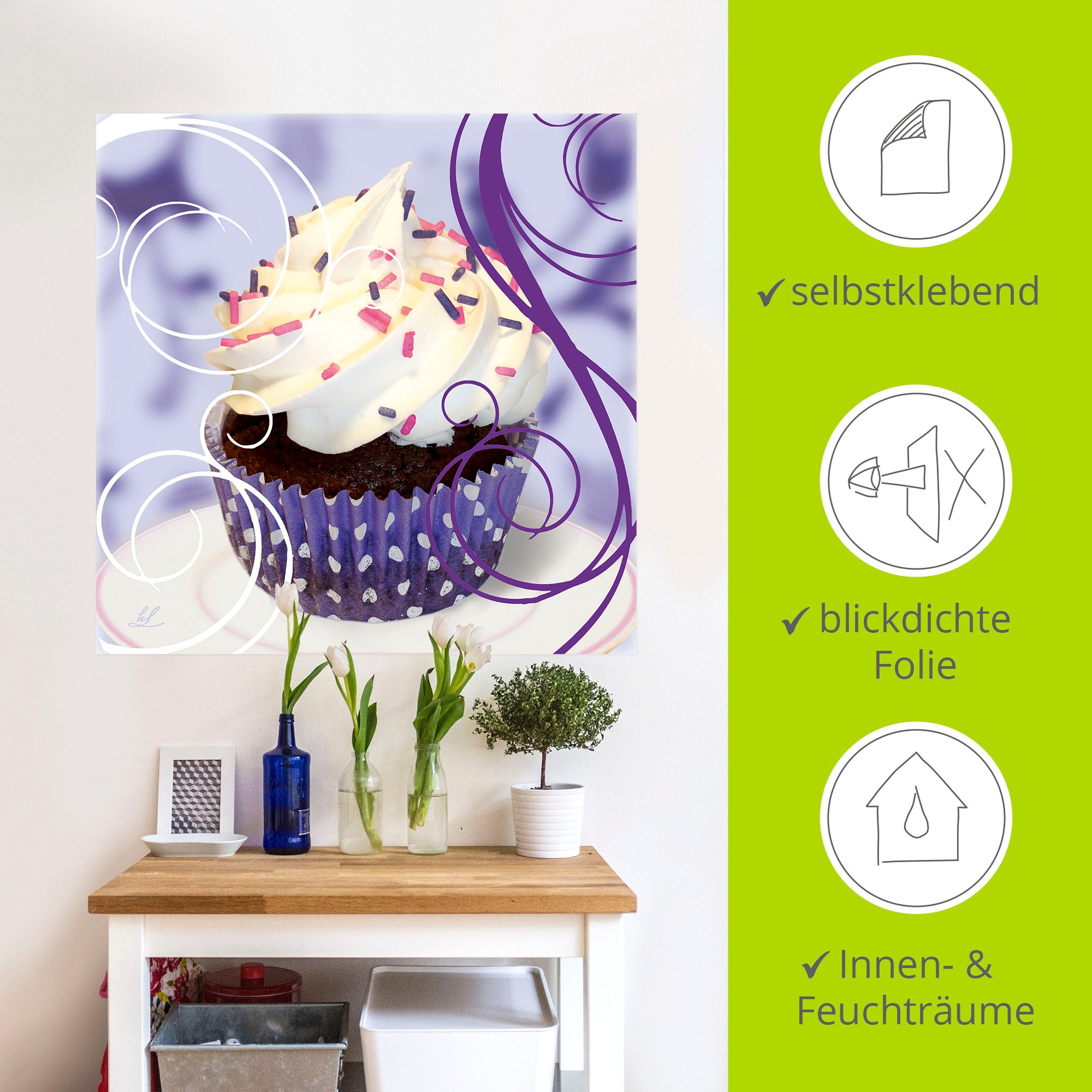 Artland Wandbild »Cupcake auf violett - Kuchen«, Süßspeisen, (1 St.), als Poster, Wandaufkleber in verschied. Größen