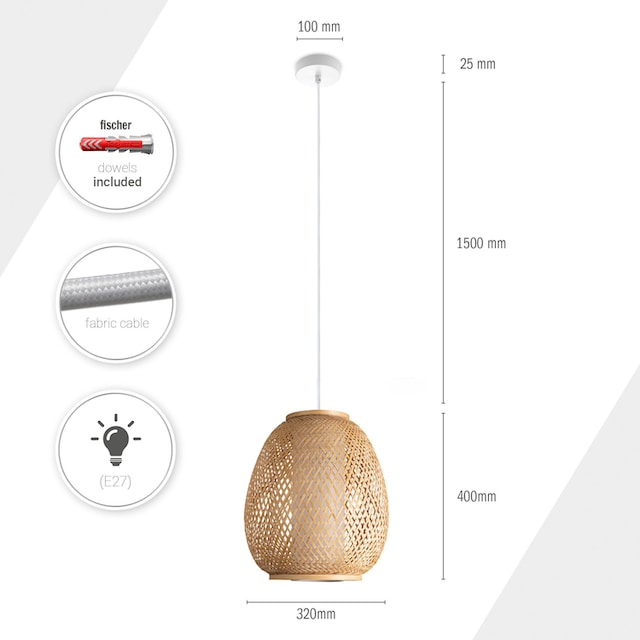 Hochwertige Qualität Paco Home | XXL Boho 3 Hängeleuchte Wohnzimmer kaufen Lampenschirm Jahren Garantie Korb mit E27 Rustikal online »TOPU«, Bambus Pendelleuchte