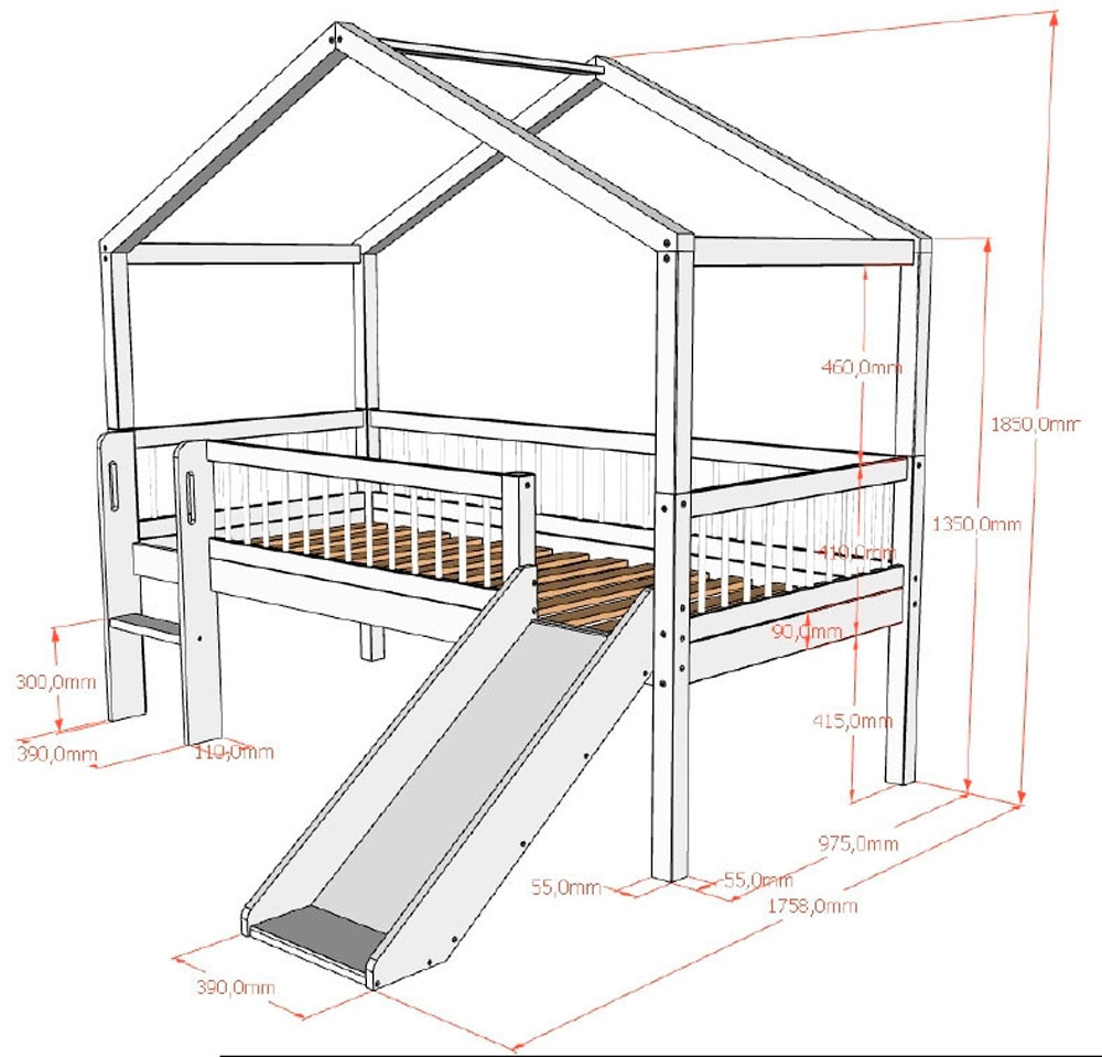 Vipack Hausbett »Inkl. Dachaufbau, Leiter, Rutsche und Rolllattenrost, Made in Europe« wahlweise mit und ohne dekorativem Textilhimmel erhältlich,  hochwertig und stabil bebaut, Buche massiv weiß lackiert