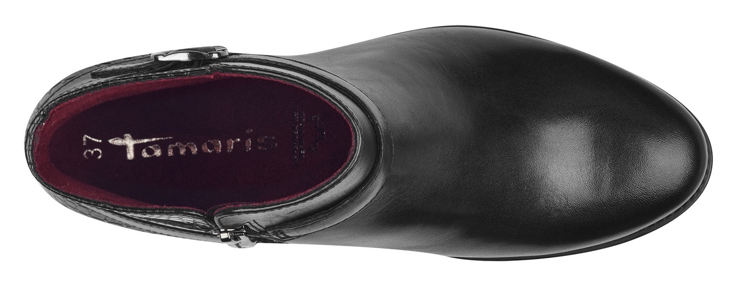 Tamaris Stiefelette, Blockabsatz, Businessschuh, Boots mit Zierschnalle und Logoprägung