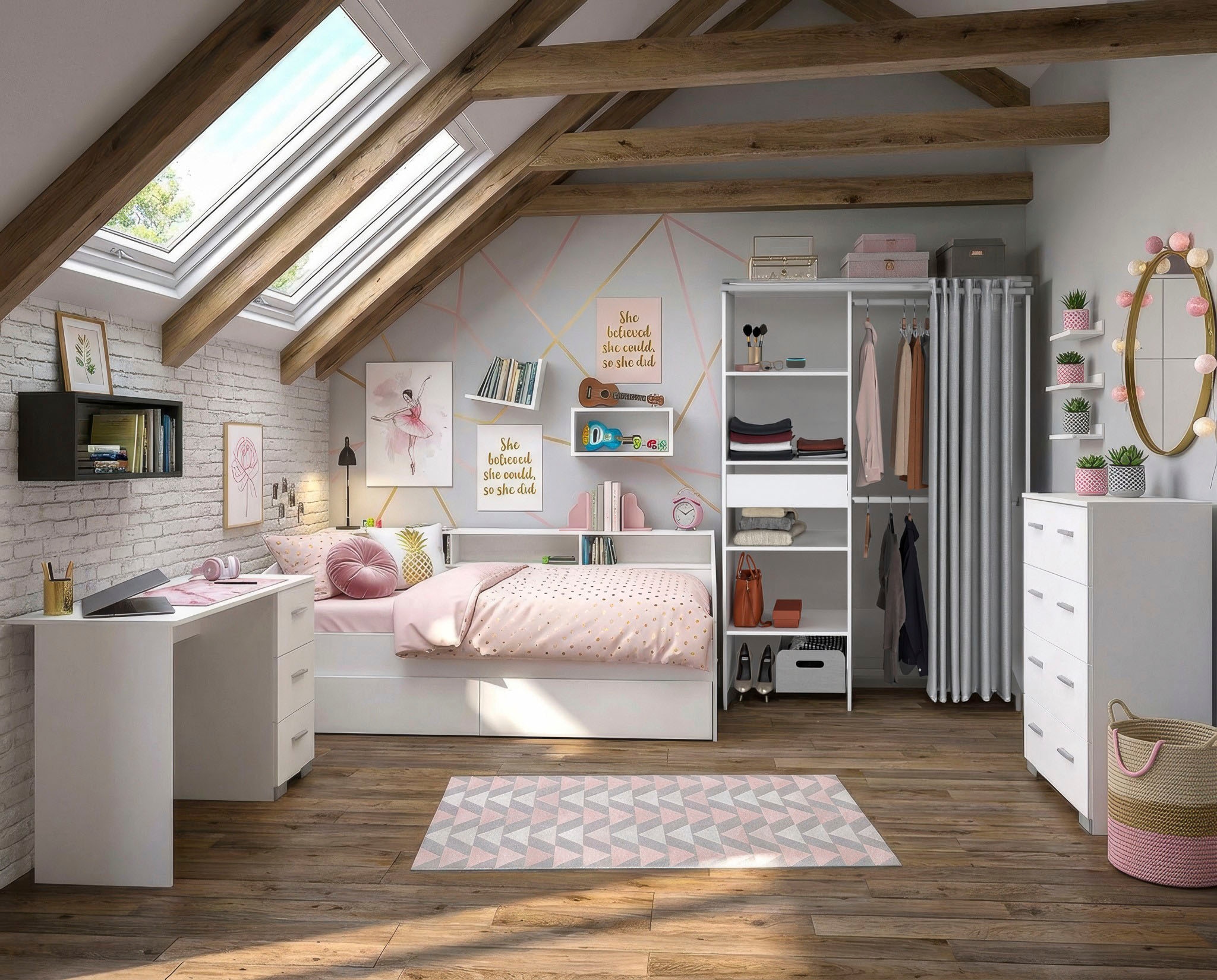 Parisot Jugendzimmer-Set »Parisot Sleep 13« Set, 5 tlg. Rückwand am Stauraumett drehbar - Weiß oder Eiche