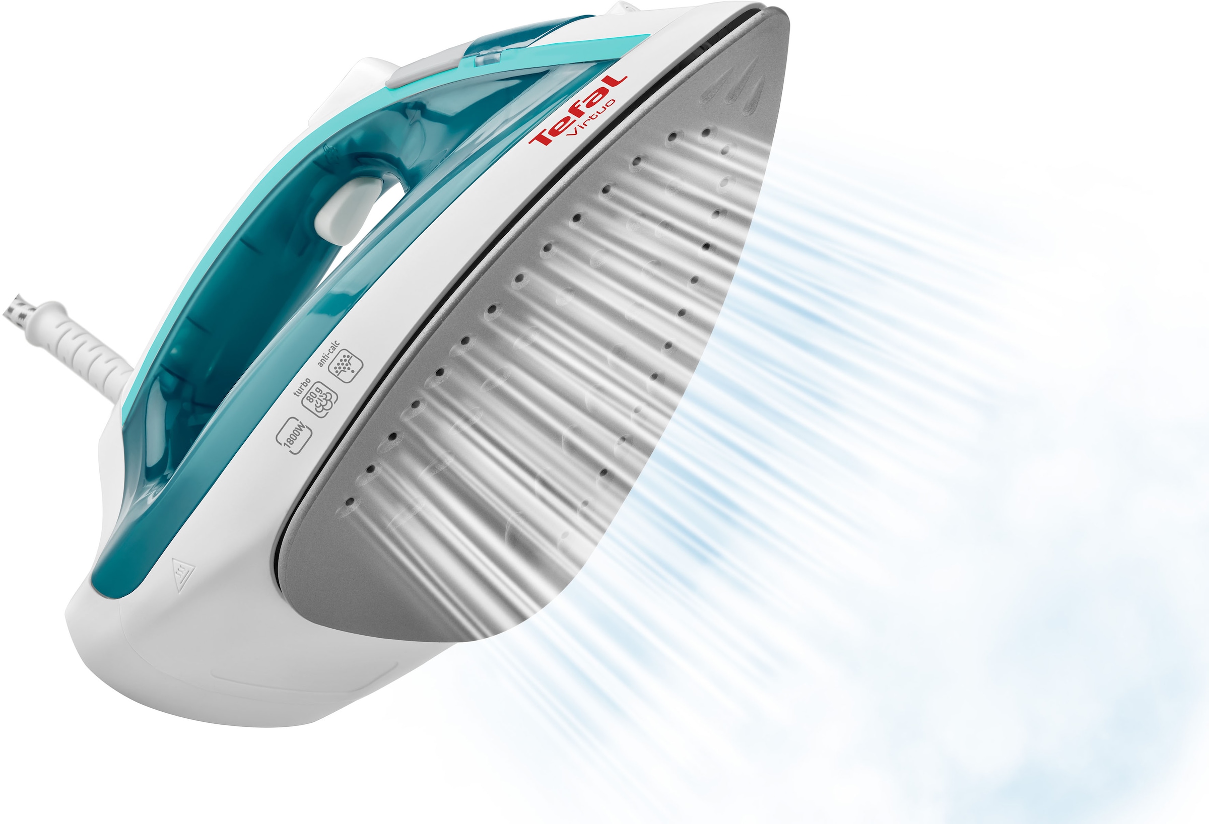 Tefal Dampfbügeleisen »FV1710 Virtuo, 1800 Watt, 80 g/Min. Dampfstoß«, 1800 W, 20 g/Min. kontinuierlicher Dampf, Antihaft-Bügelsohle, weiß/türkis