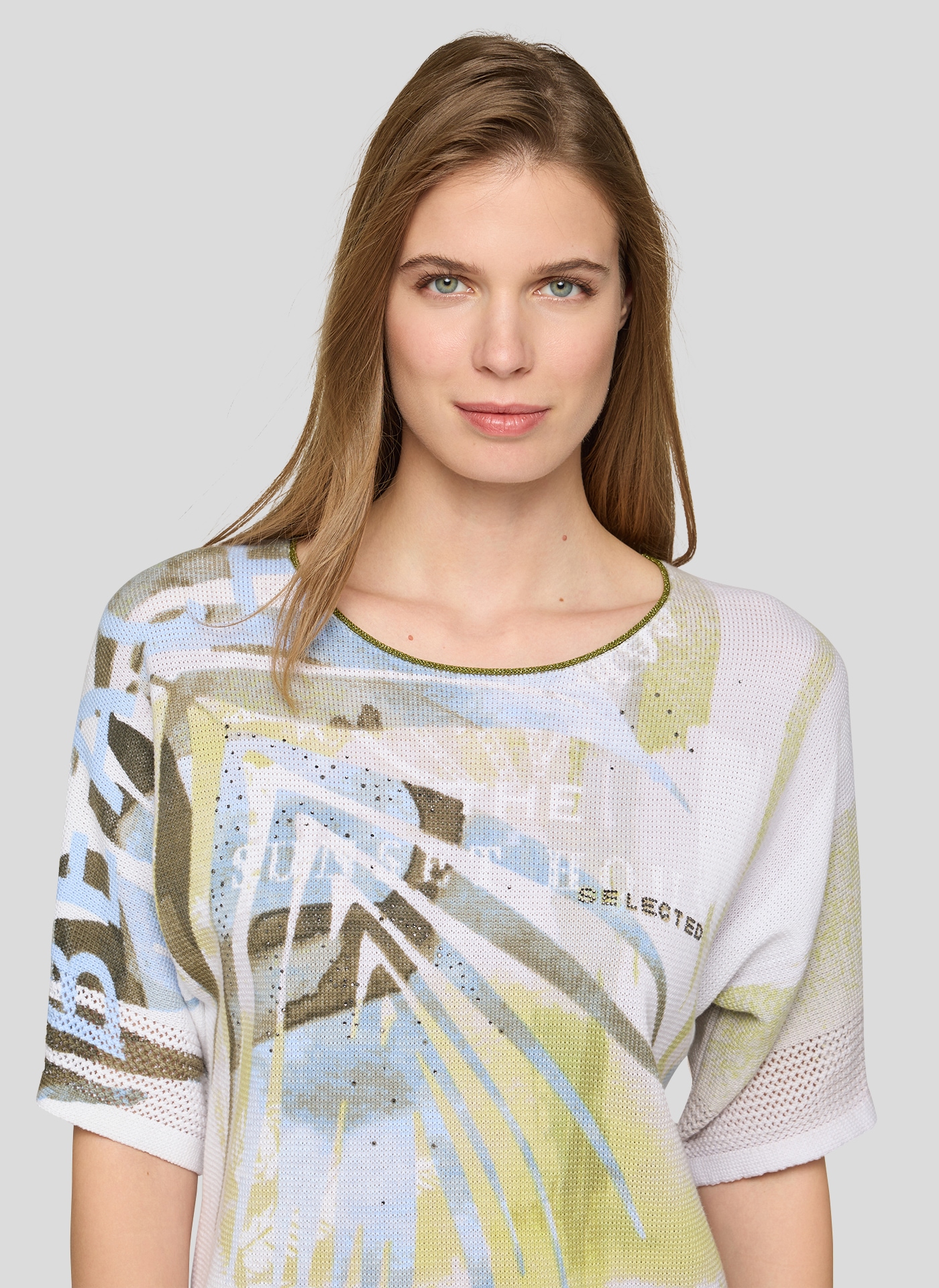 Rabe Strickpullover 3/4-Ärmel mit floralem Muster und Glitzersteinen