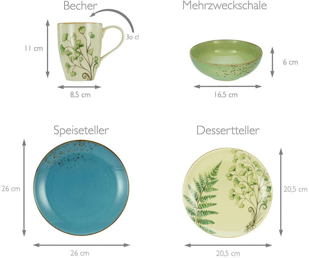 CreaTable Kombiservice »Geschirr-Set Botanica«, (Set, 16 tlg., Kaffeeservice und Tafelservice im Set, für 4 Personen), Service, unifarbenes Dekor mit Blattmotive, 16 Teile, für 4 Personen