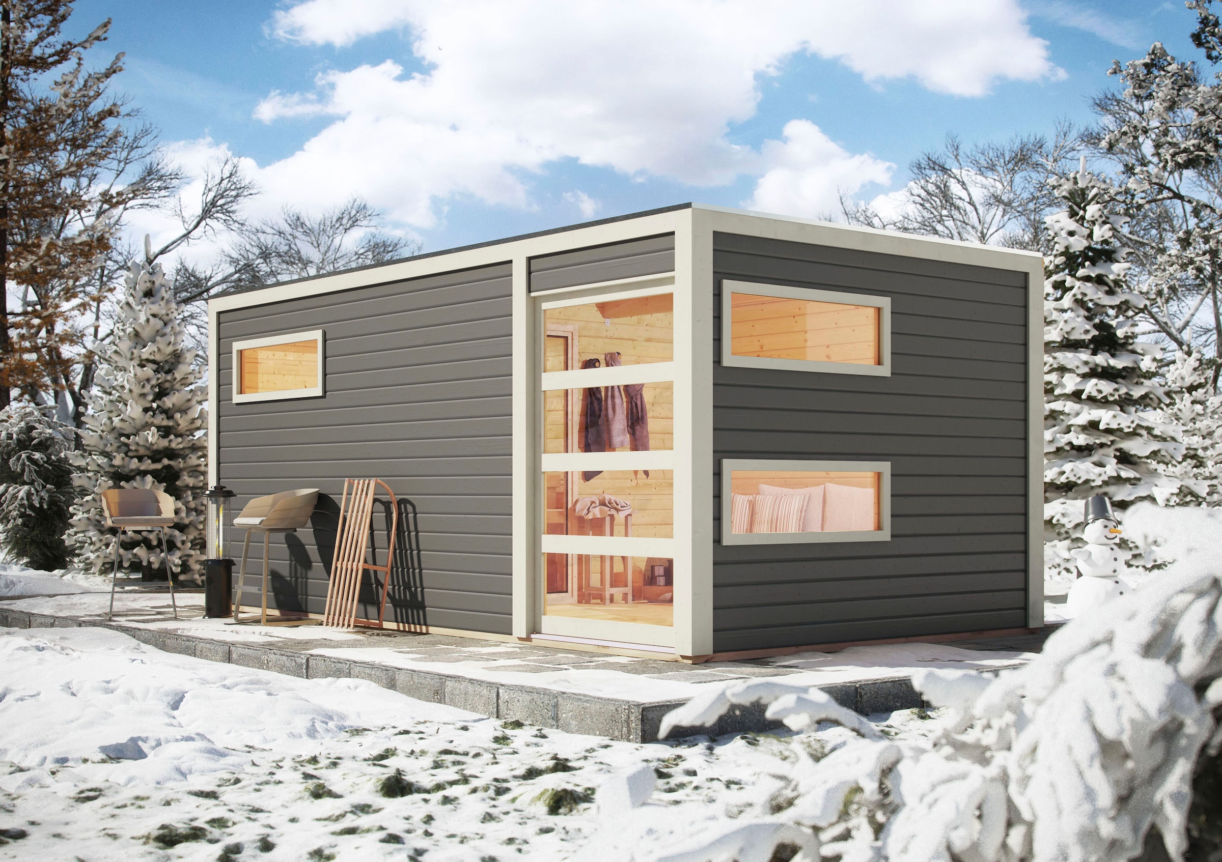KONIFERA Saunahaus »Hagen«, terragrau, mit Ofen 9 kW Bio externe Strg easy