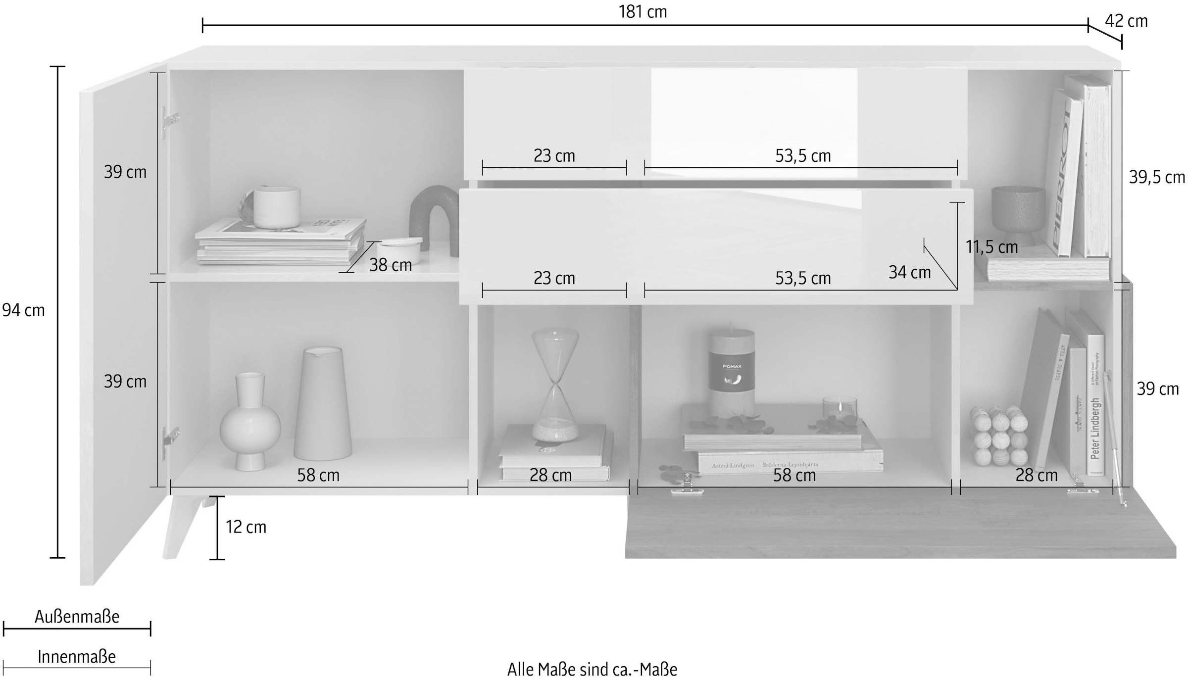 INOSIGN Sideboard »Monaco Breite 181 cm, Anrichte mit 1 Tür, 1 Klappe u. 2 Schubkästen«, Kommode, Soft/Self Closing