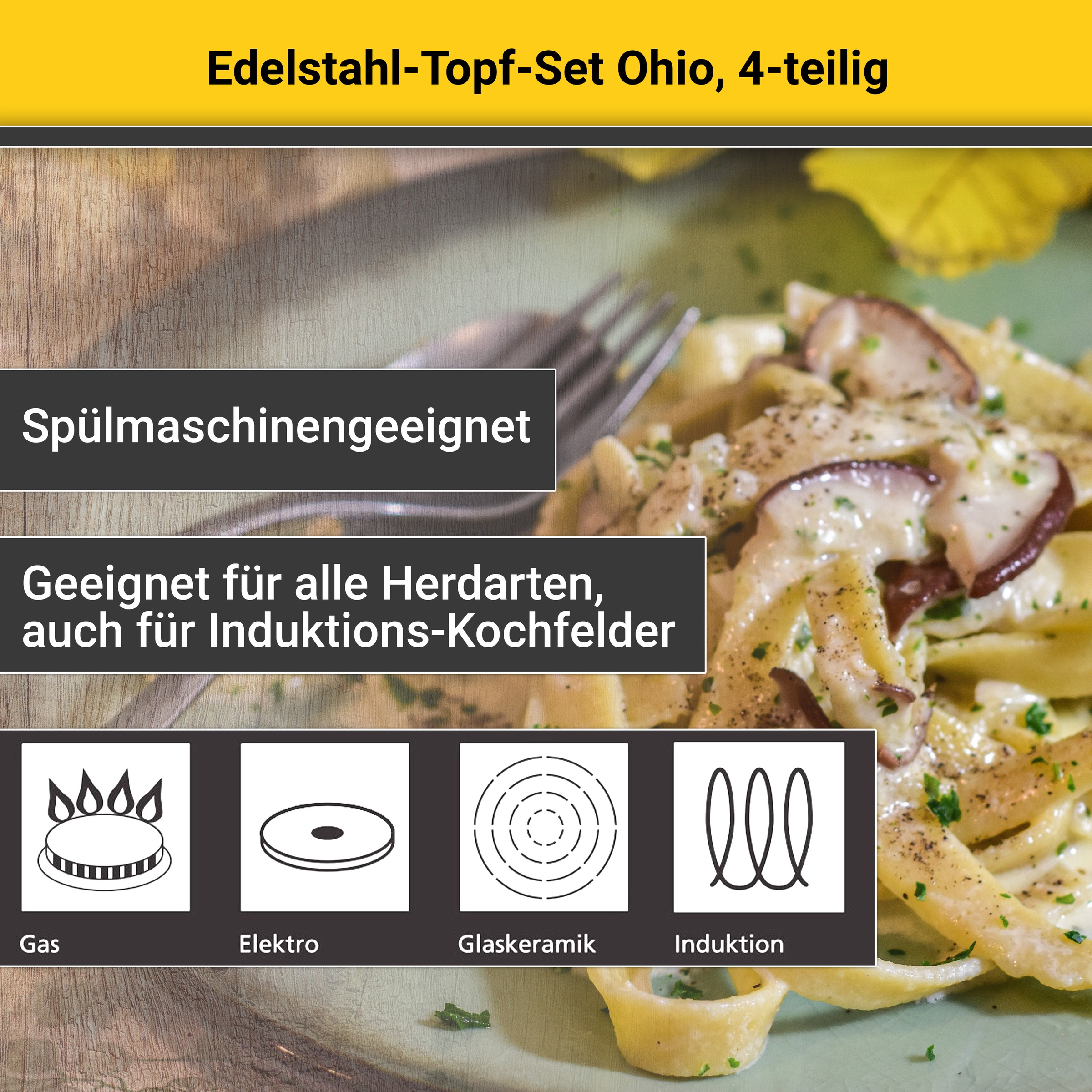 Krüger Topf-Set »Ohio«, Edelstahl, (Set, 7 tlg., Bratentopf Ø 20 cm, Fleischtopf Ø 16/20 cm, Stielkasserolle Ø 16 cm), für Induktions-Kochfelder geeignet
