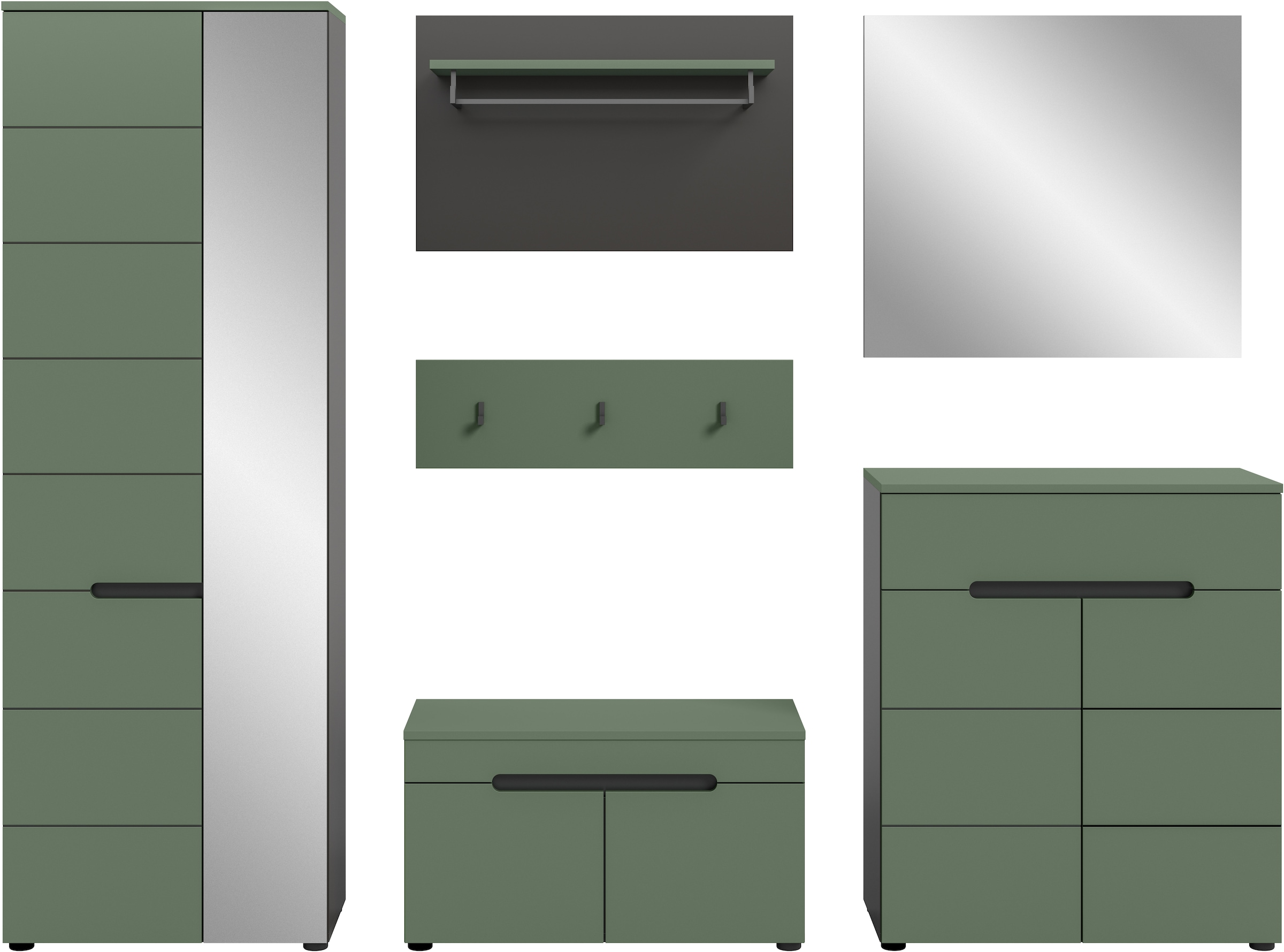 Home affaire Garderoben-Set »Rehat, Garderobenkombination, Breite 255cm« Garderobenschrank, Sitzbank, Paneel, Hakenleiste, Spiegel, Kommode, 6 Stk. tlg.