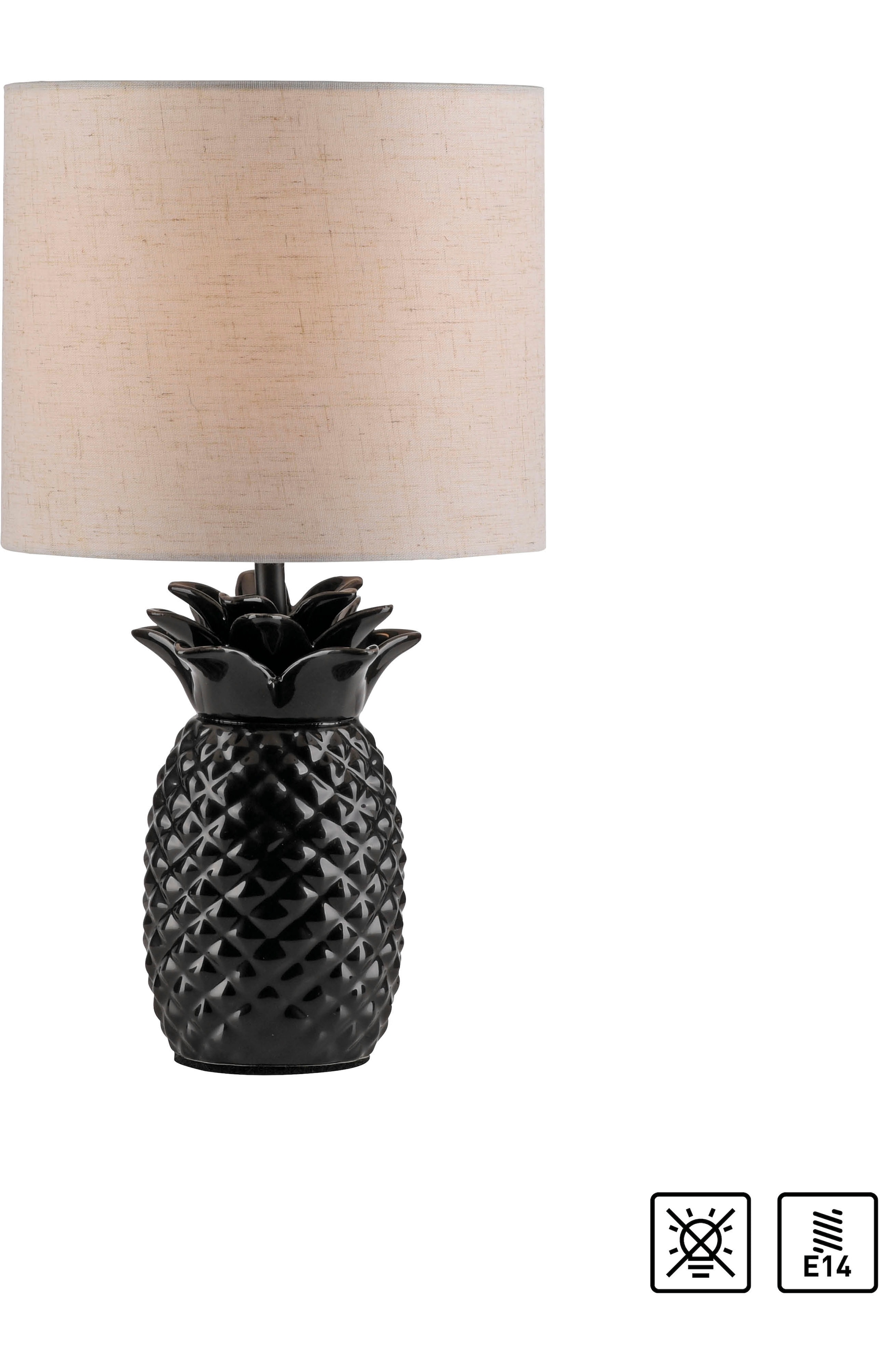 Leonique Tischleuchte »Tenille - Tischlampe im Ananas Design«, 1 flammig, Leuchtmittel E14 | ohne Leuchtmittel, Leinenschirm, Ananas, Pineapple, schwarz, E14