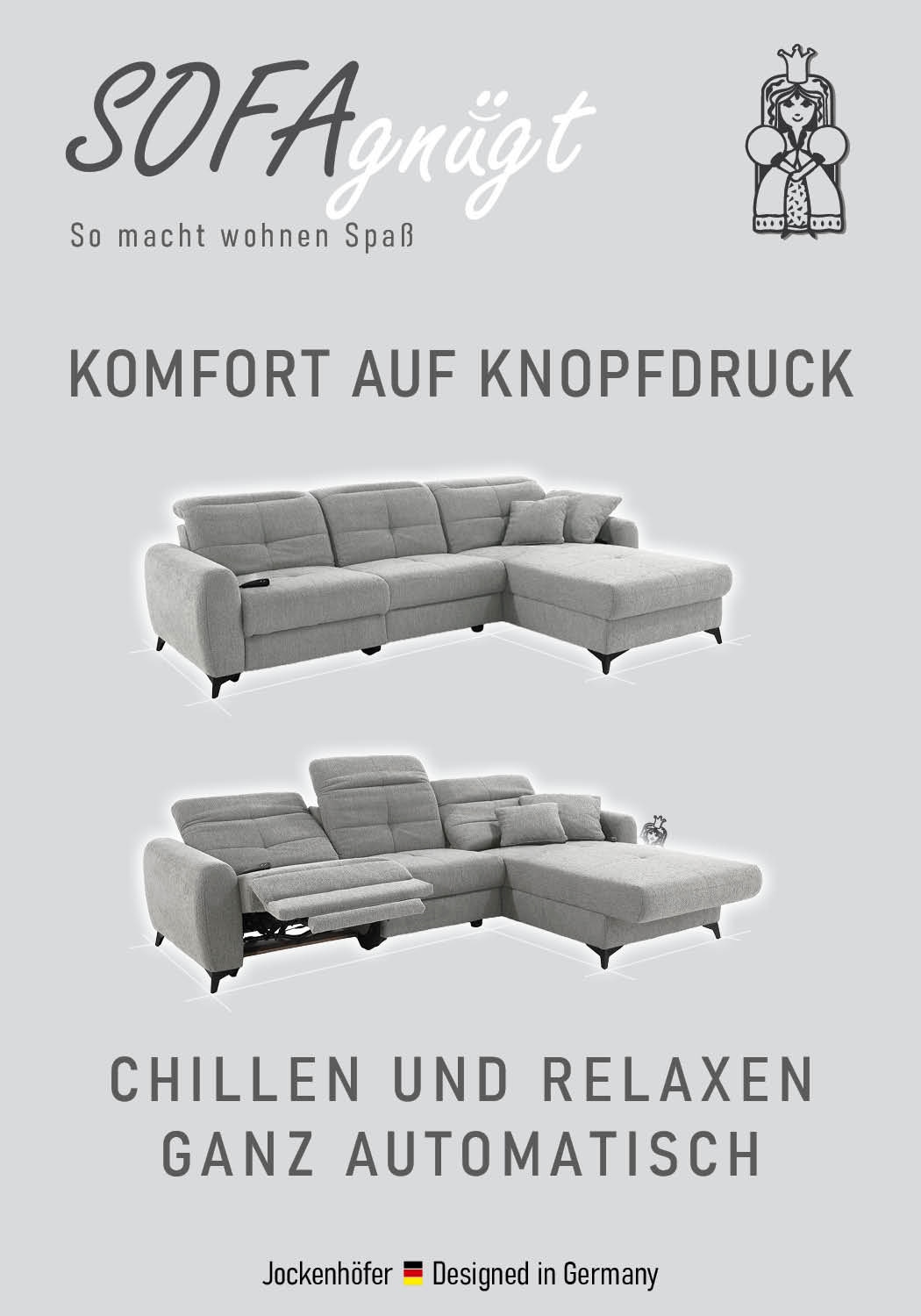 Jockenhöfer Gruppe Ecksofa »Chillout L-Form, B: 288 cm, elektr. Relaxfunktion im Sitz und Ottomane« 140kg Belastbarkeit je Sitz, Kopfteilverstellung & Zierkissen