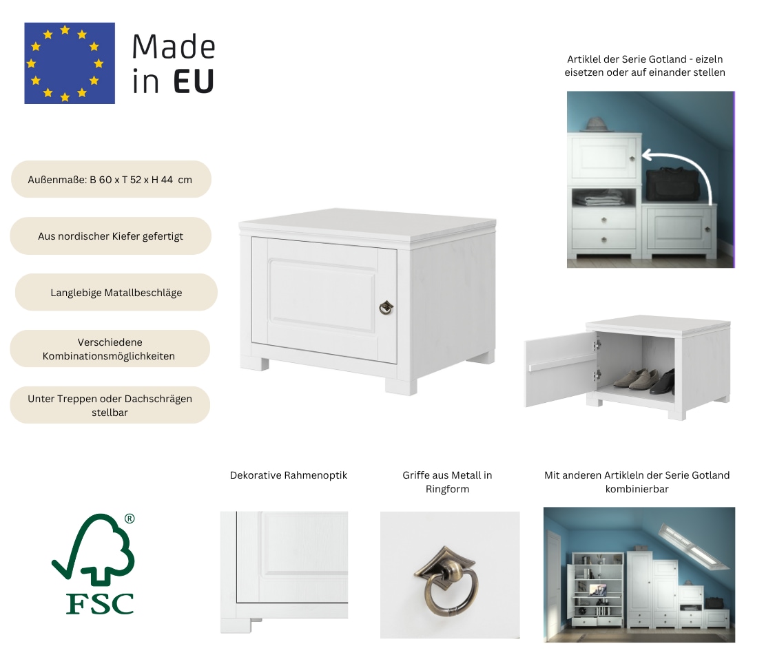 OTTO home Beistellschrank »Gotland, Schrankmodulsystem, einzeln oder mit der Serie kombinierbar« H/B/T ca. 60/60/52 oder ca. 44/60/52,  massive Kiefer, variabel einsetzbar, auch für Dachschrägen