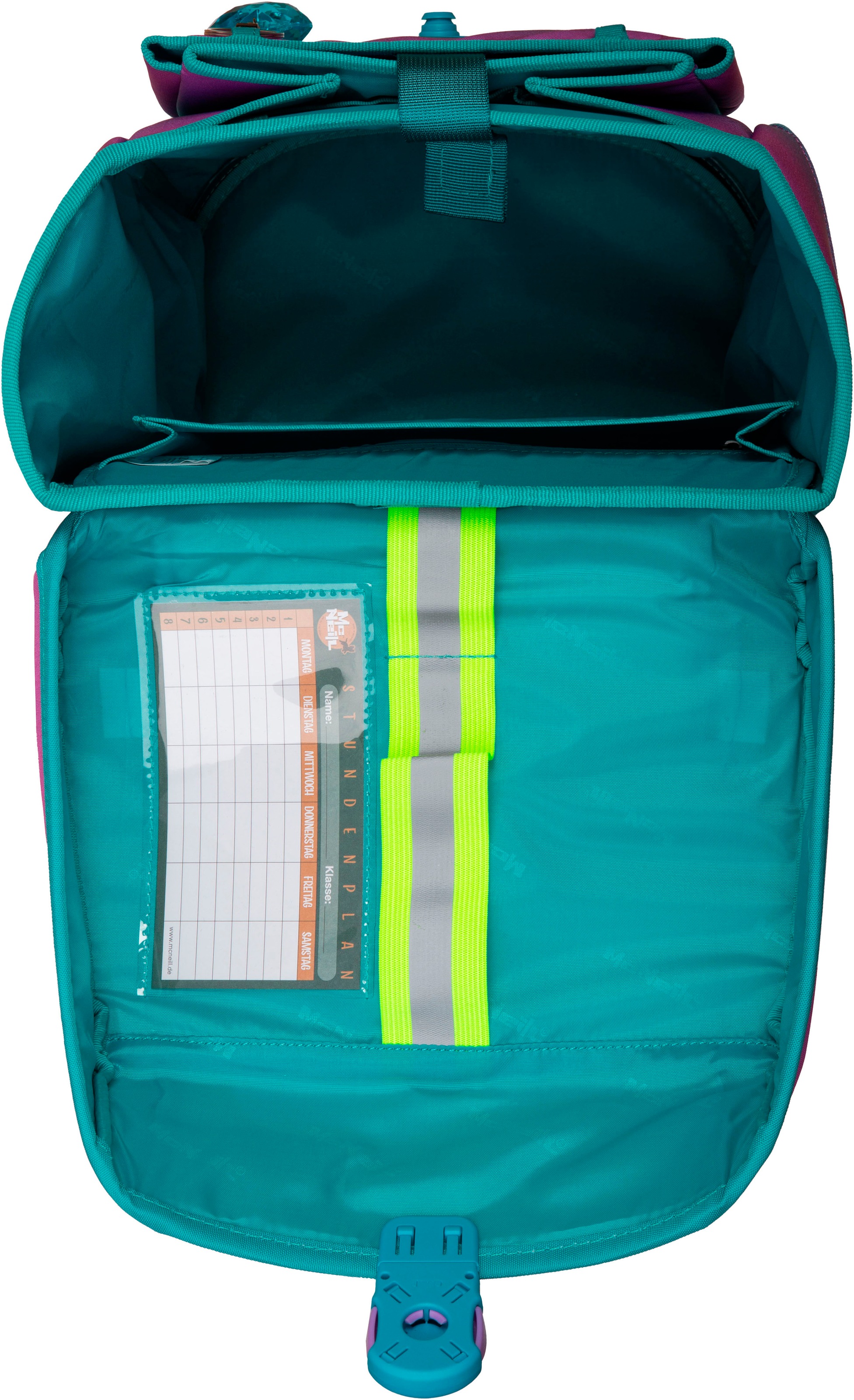 McNeill Schulranzen »Perfecto, Blueberry« reflektierende Streifen auf den Schultergurten;retroreflektierende Flächen inkl. Federmäppchen, Turnbeutel, Schlamperrolle & Motivmagnet