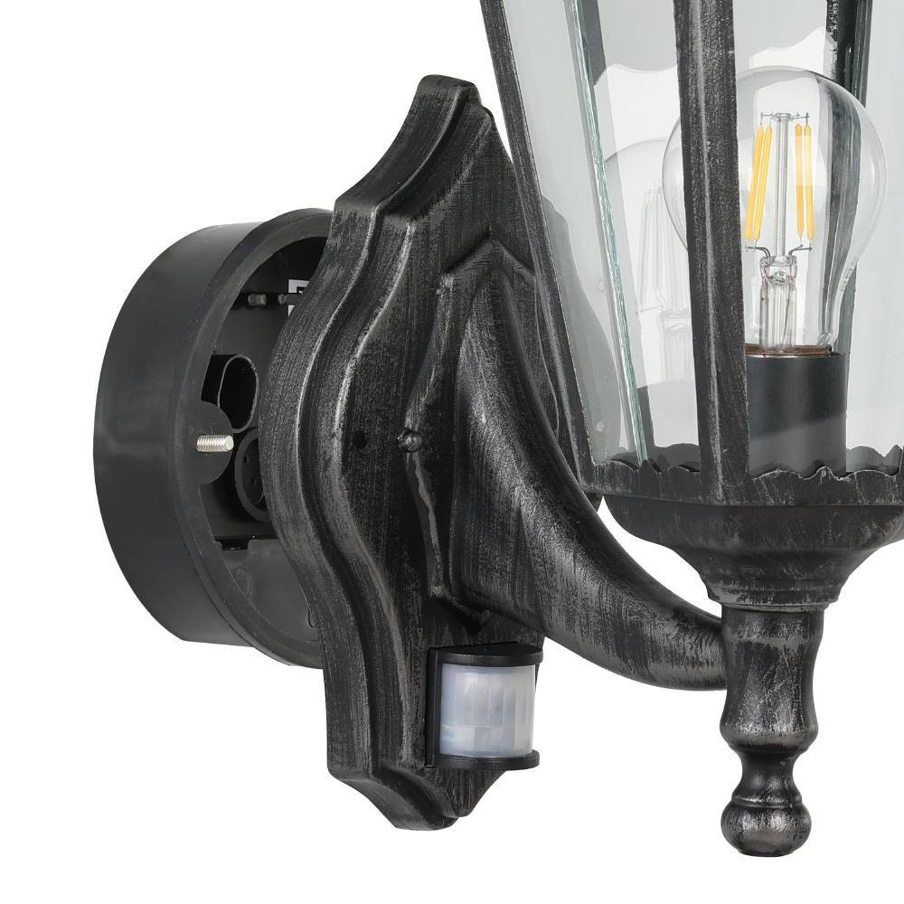 EGLO Außen-Wandleuchte »NAVEDO Wandlampe, Außenbeleuchtung, schwarz, silber-patina, klassisch« E27 1 Stk. Eckmontage möglich, Erfassungswinkel 110° / 7m, IP44, 42,5x28,5x20cm