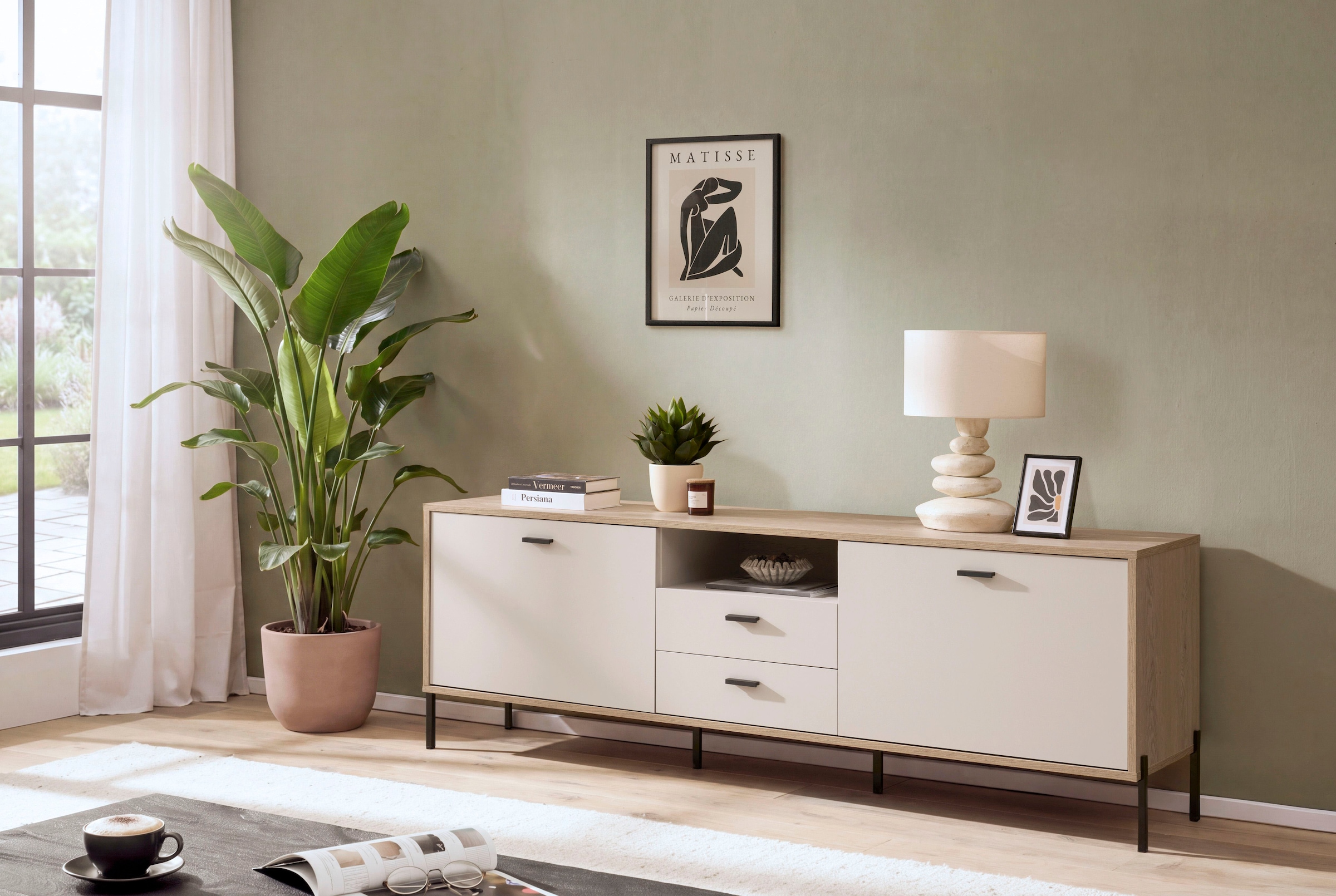 Home affaire Lowboard »Fredericia, TV-Schrank in Kaschmir, moderner TV-Unterschrank, Kommode« zeitlos, schwarze Metallgriffe und -füße, ausreichend Stauraum