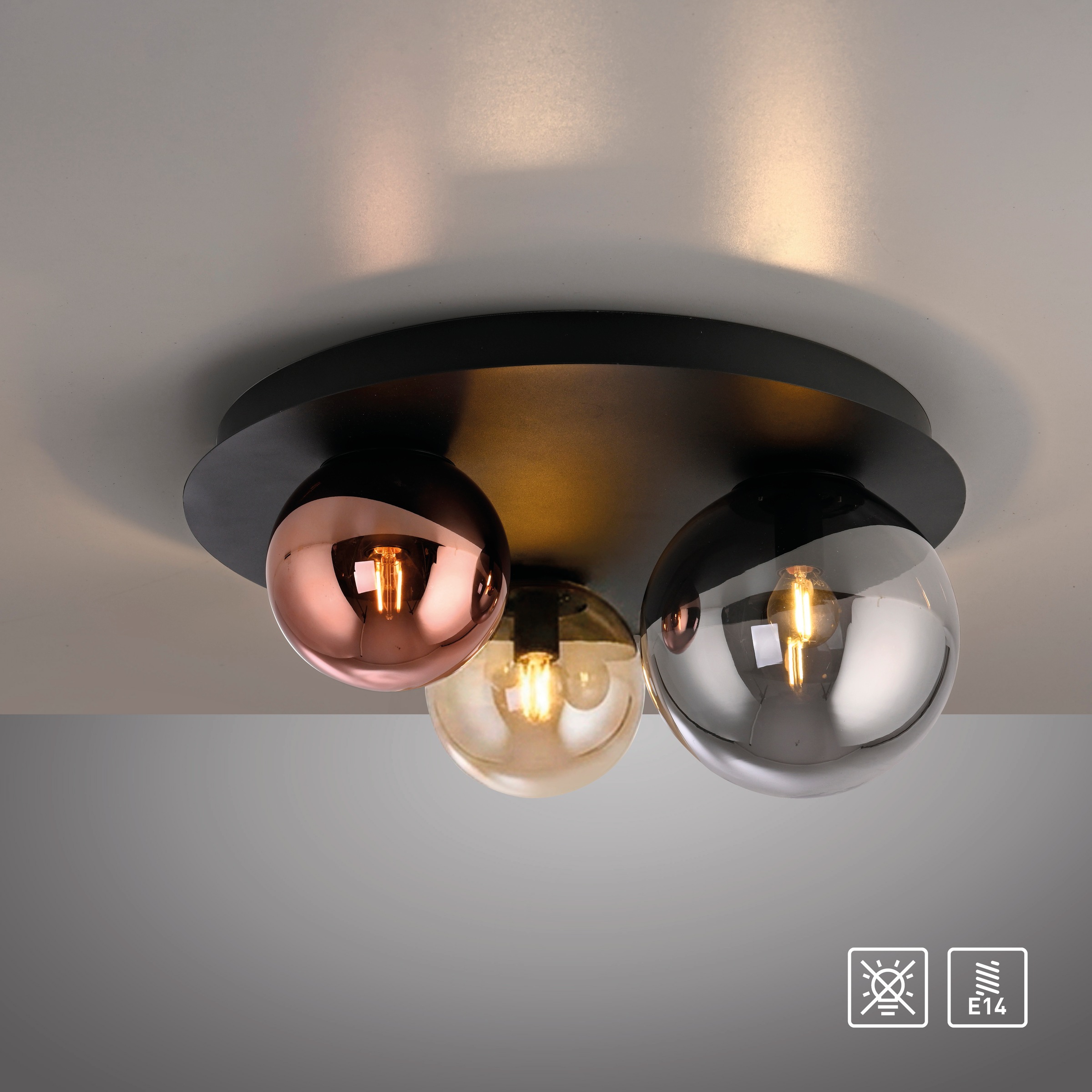JUST LIGHT Deckenleuchte »SHINY« E14 1 Stk. Exklusive Leuchtmittel, Amberglas, Kupfer und Rauchglas verspiegelt