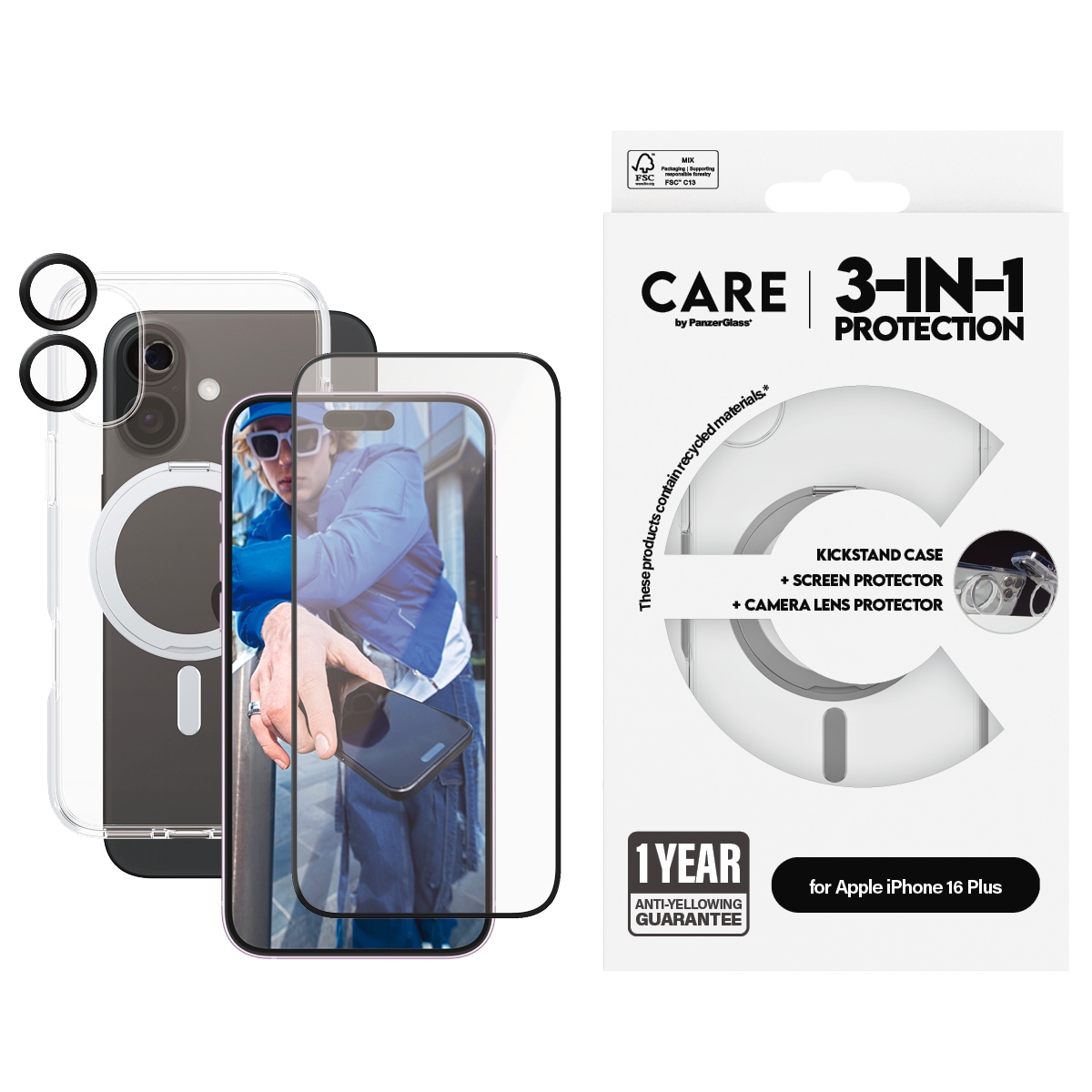 CARE by PanzerGlass Displayschutzglas »3-in-1 Protection, Ceramic Glass, Kickstand Case, Lens Cover«, für Apple iPhone 16 Plus, Displayschutzfolie, Schutzfolie, Bildschirmschutz, kratz- & stoßfest