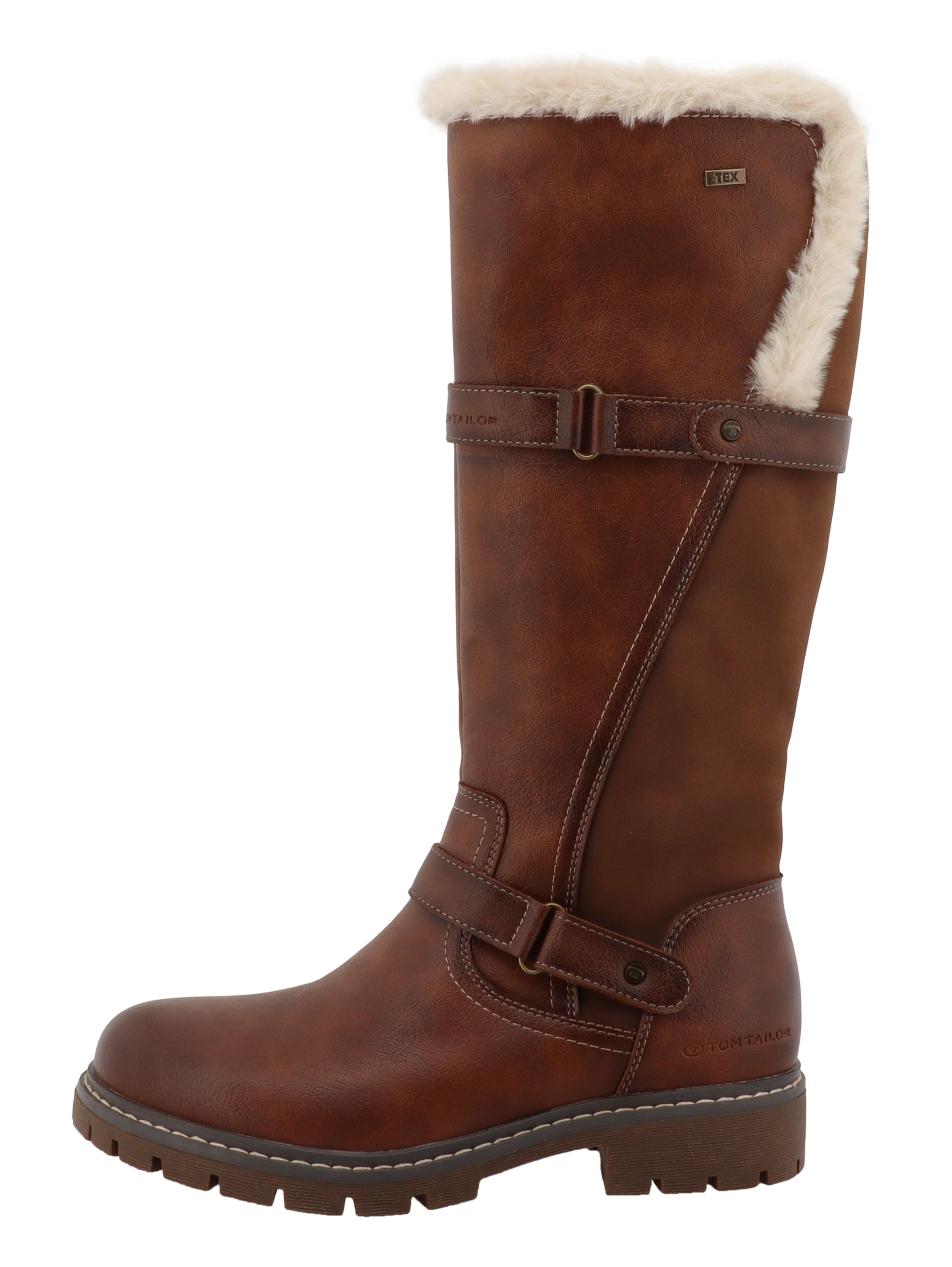 TOM TAILOR Winterstiefel  Blockabsatz, Langschaftstiefel mit Fellimitat und Zierschnallen