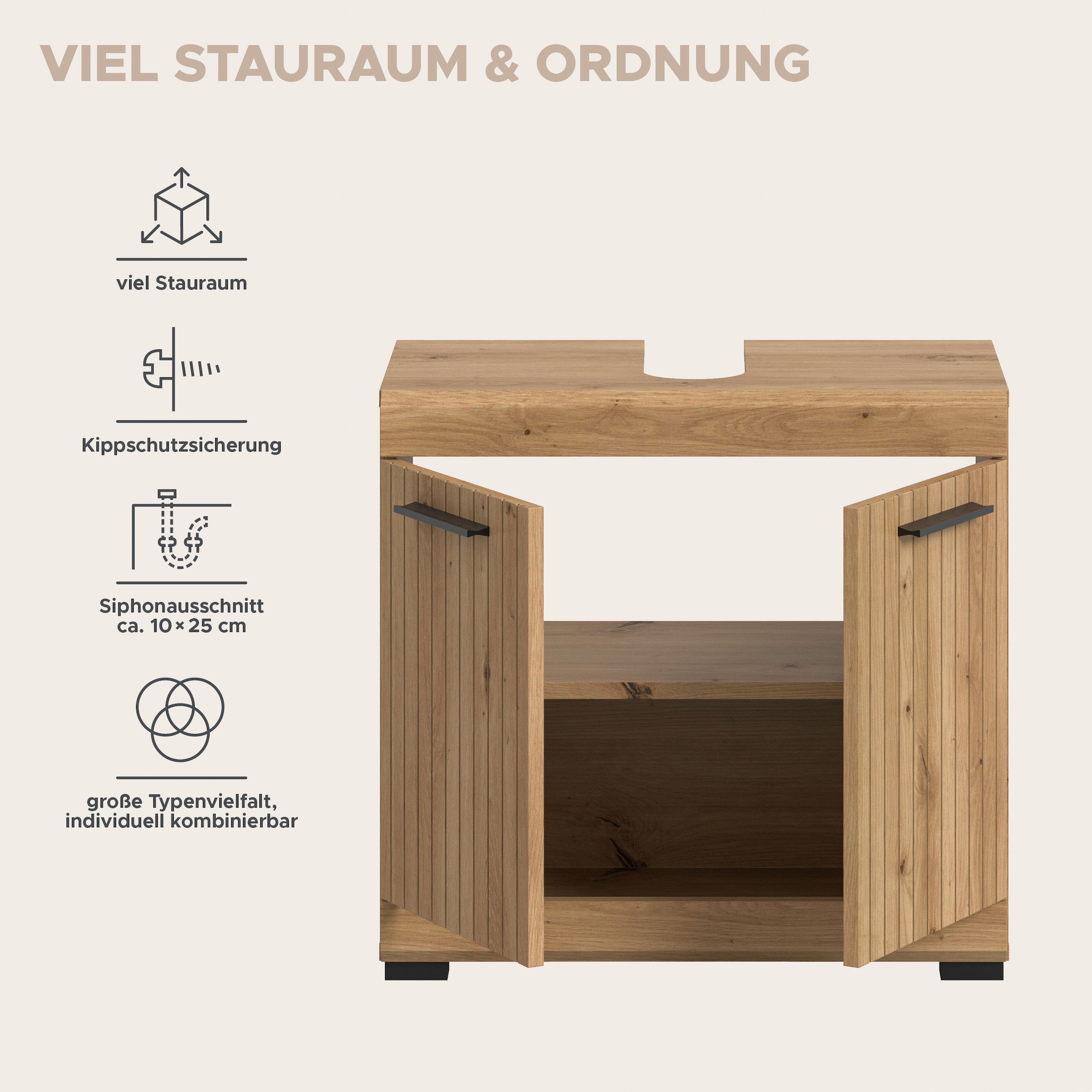 welltime Waschbeckenunterschrank »SIENA, Breite 60cm, mit  2 Türen oder 2 Schubkästen, MDF-Front« TOPSELLER! , mit Siphonausschnitt 10x25 cm, 1 Stk. tlg. in verschiedenen Farben erhältlich, Badmöbel, Badschrank, Kommode, Bad