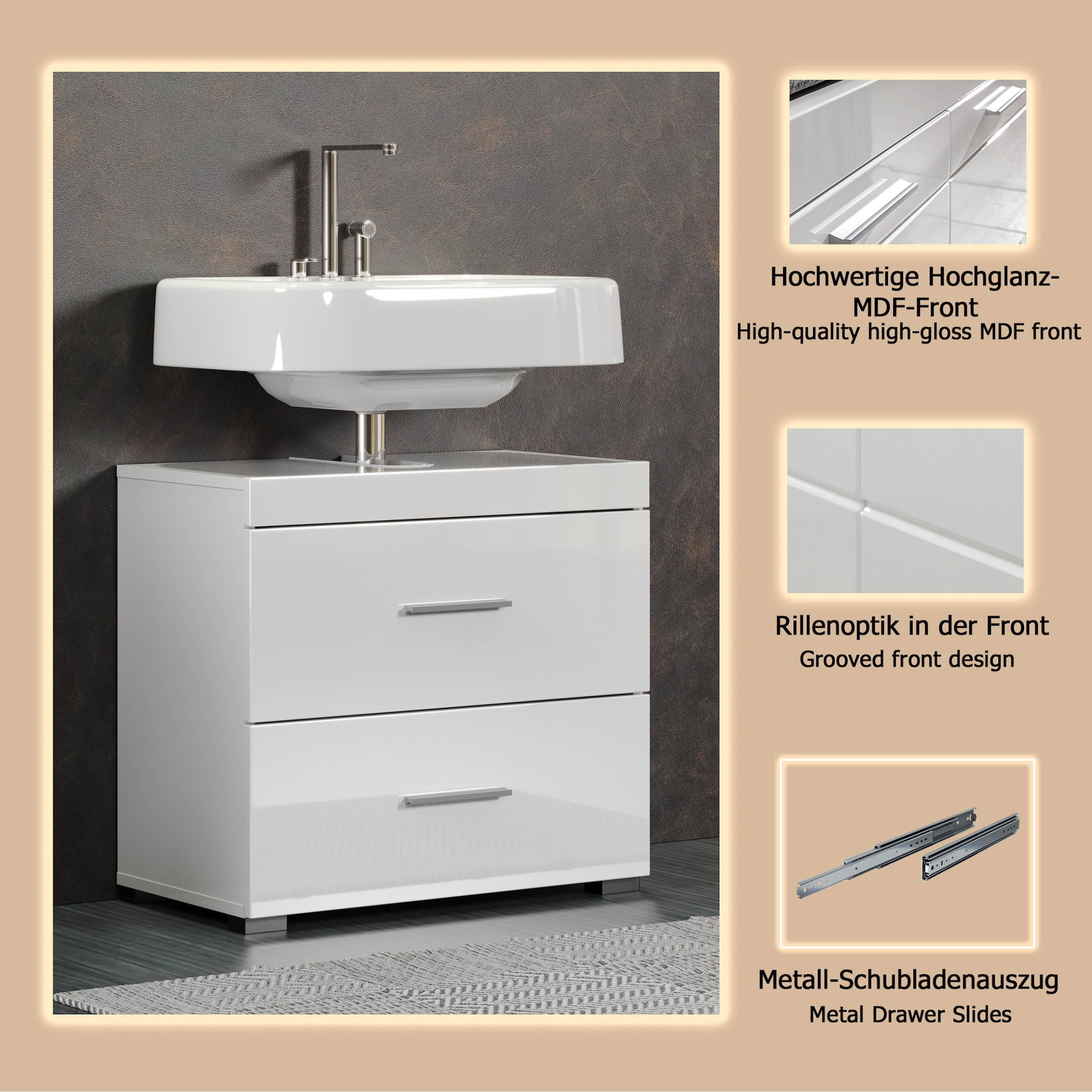 welltime Waschbeckenunterschrank »Avena« 1 Stk. tlg. Waschtisch mit 2 Schubkästen – (B/T/H) 60/34/56 cm