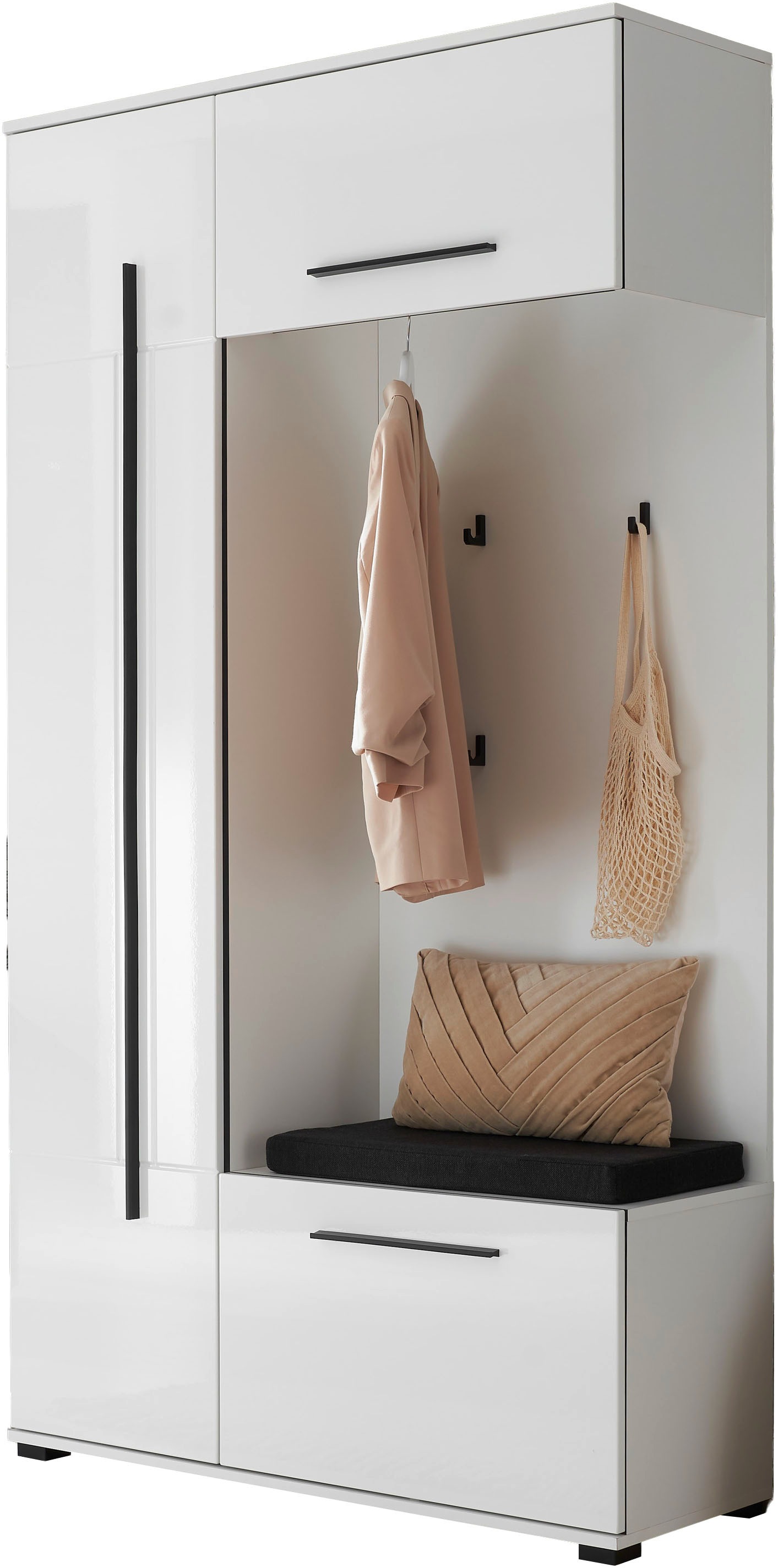 Home affaire Kompaktgarderobe »Cantara Flurgarderobe, modern, 2 Farben, 111 cm breit« 2 Stk. tlg. unterschiedliche Stauraummöglichkeiten, inkl. Sitzkissen
