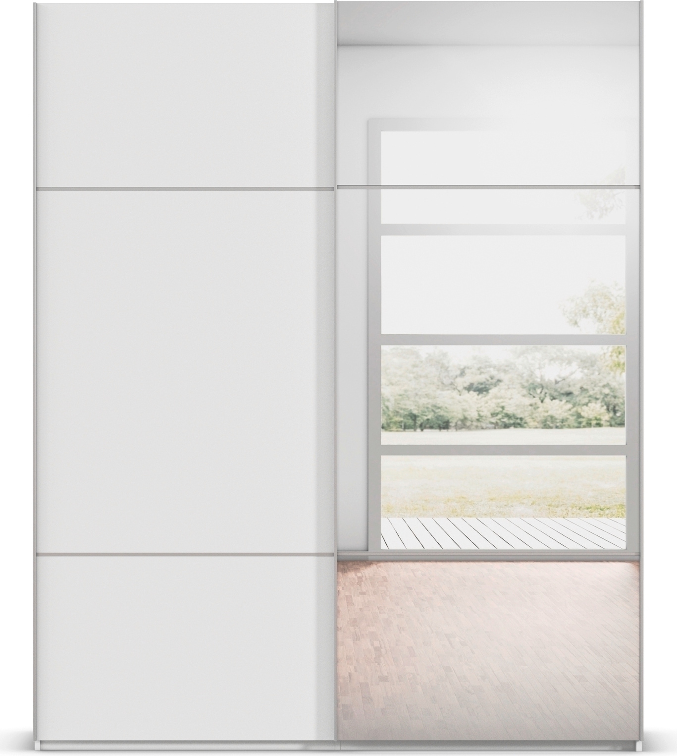 rauch Schwebetürenschrank »Kleiderschrank Schrank Garderobe Schlafzimmerschrank SCALE-TRIO« edle dreigeteilte Front mit 2 Zierleisten und Spiegel MADE IN GERMANY