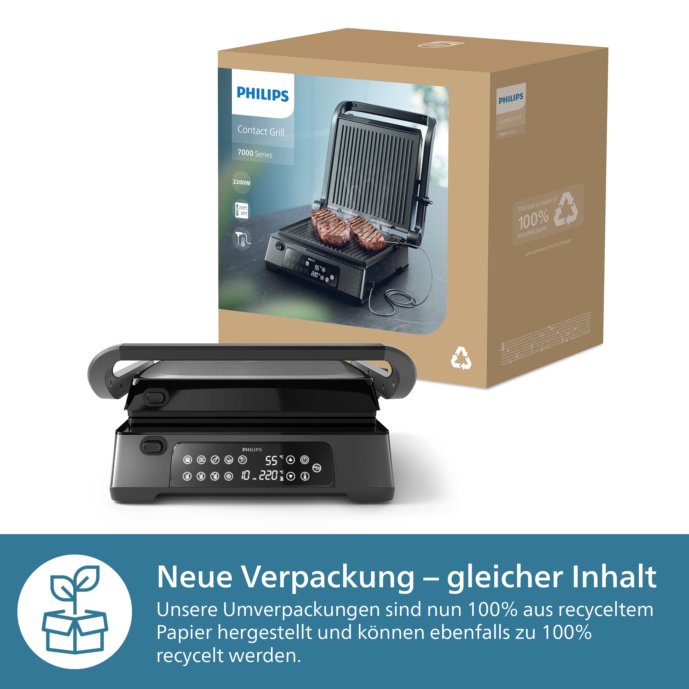 Philips Kontaktgrill »7000 Series HD6307/70 mit digitaler Temperatureinstellung«, 2200 W, 8 voreingestellten Funktionen, und verstellbaren, abnehmbaren Platten