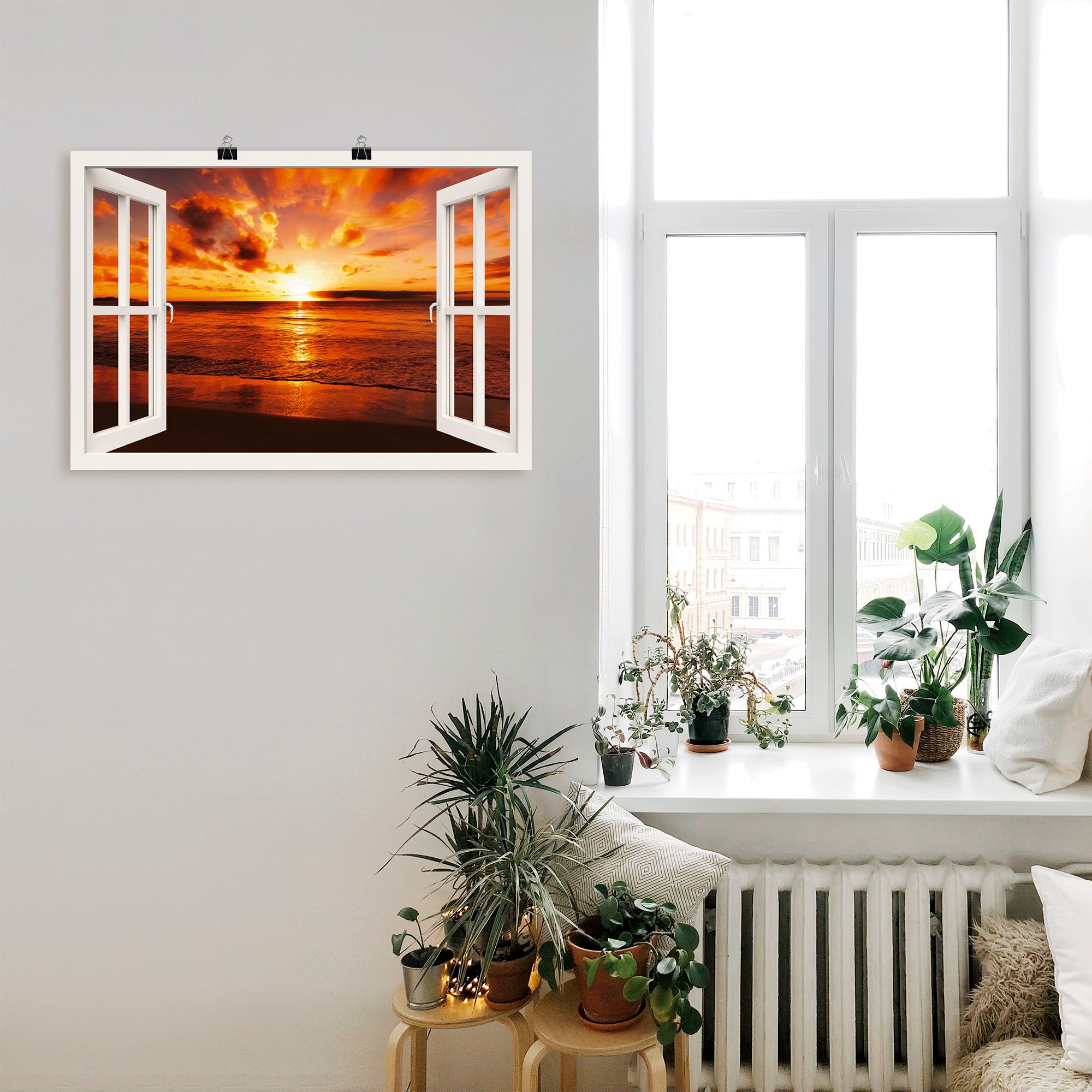 Artland Wandbild »Fensterblick Sonnenuntergang am Strand«, Fensterblick, (1 St.), als Leinwandbild, Poster in verschied. Größen